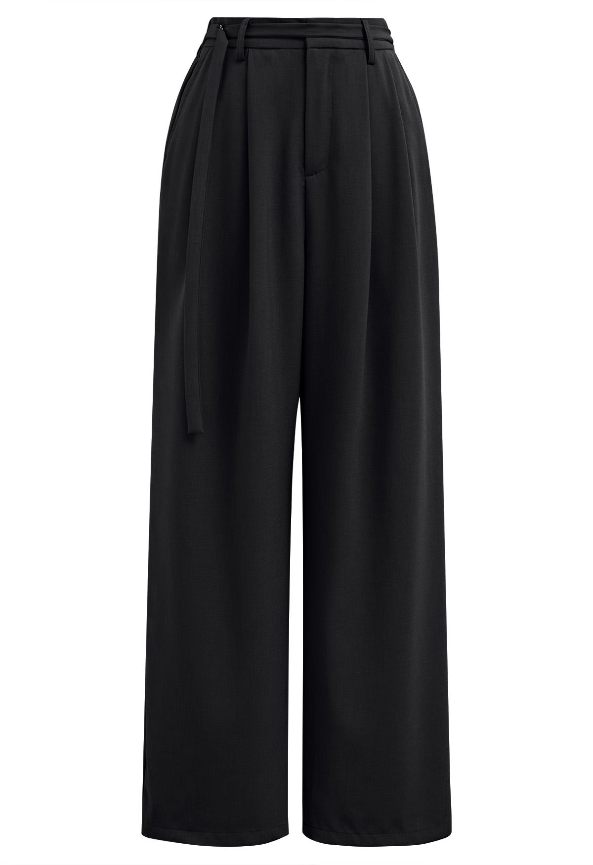 Belted Waist Pleated Palazzo Pants in Black