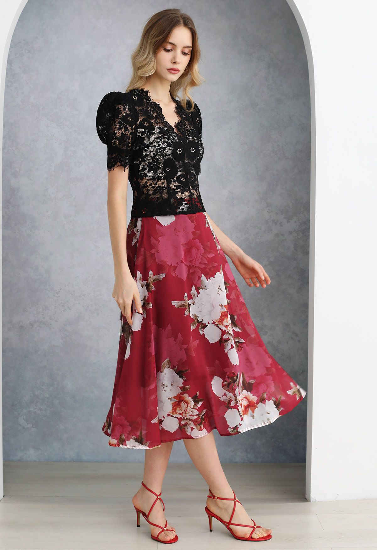 Bright Peony Soft Organza Flare Midi Skirt