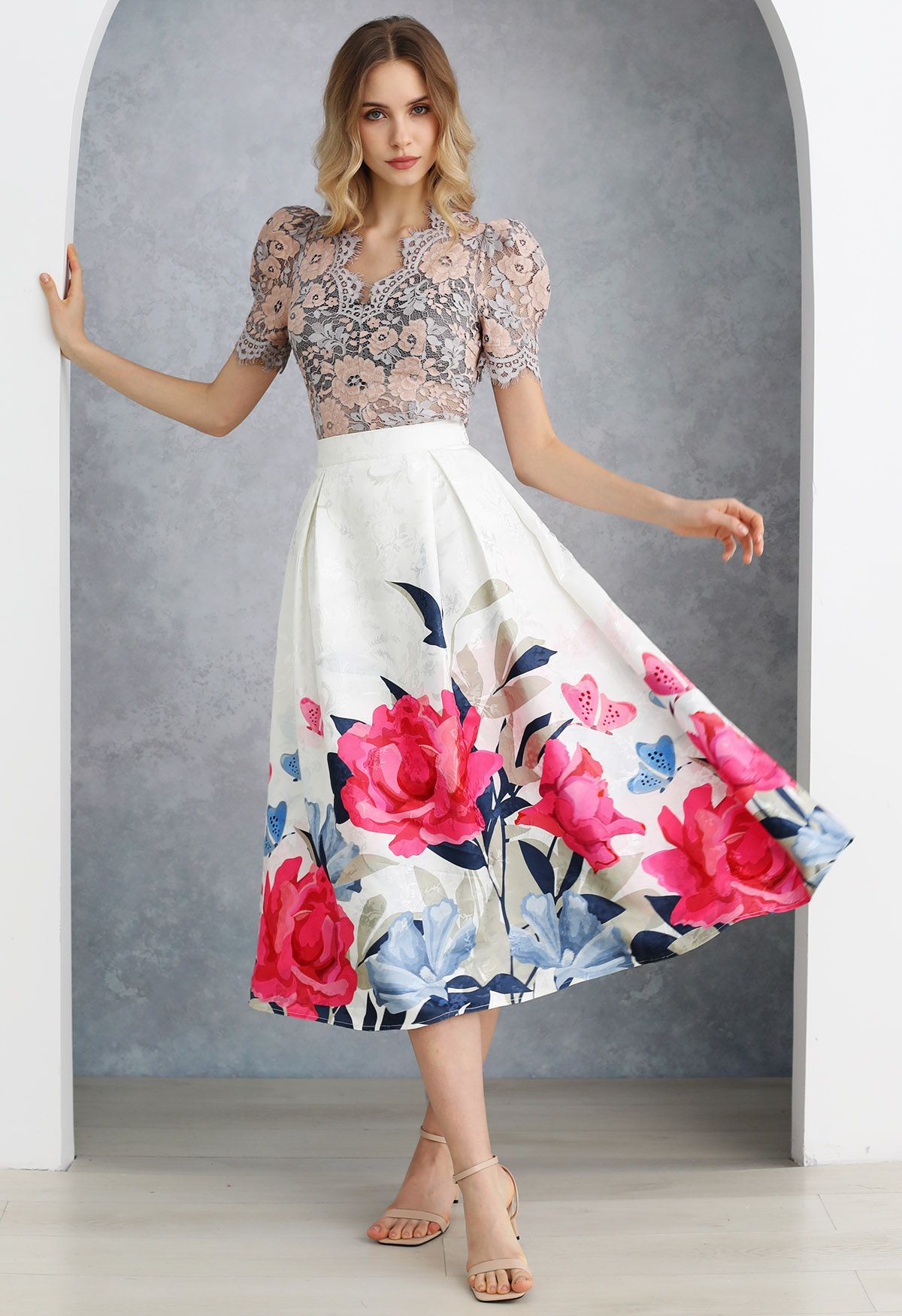 Garden Blossom Jacquard Pleated Flare Midi Skirt