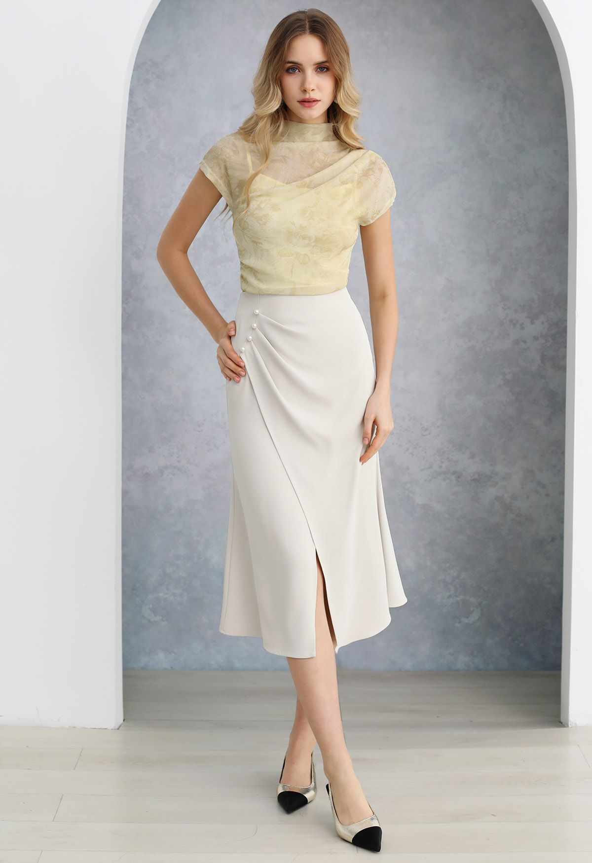 Pearl Side Pleats Asymmetric Flap Midi Skirt in Ivory