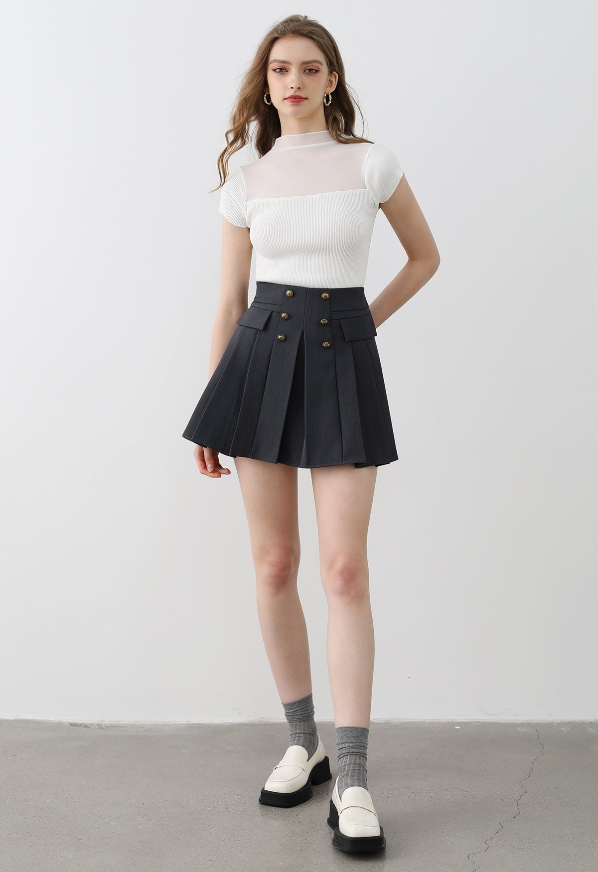 Double-Breasted Pleated Preppy Mini Skorts in Smoke