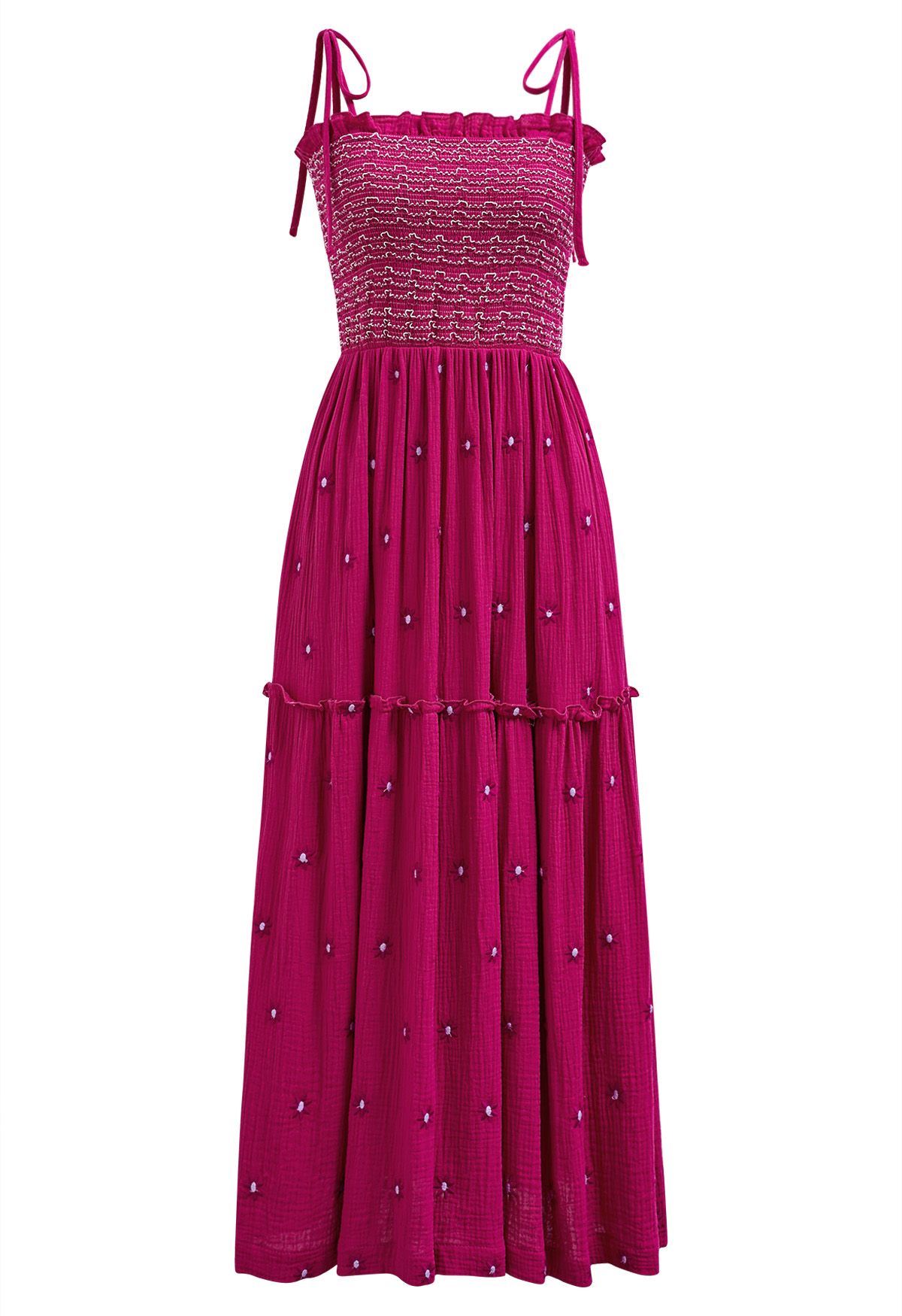 Floret Embroidery Tie-Shoulder Shirred Dress in Hot Pink