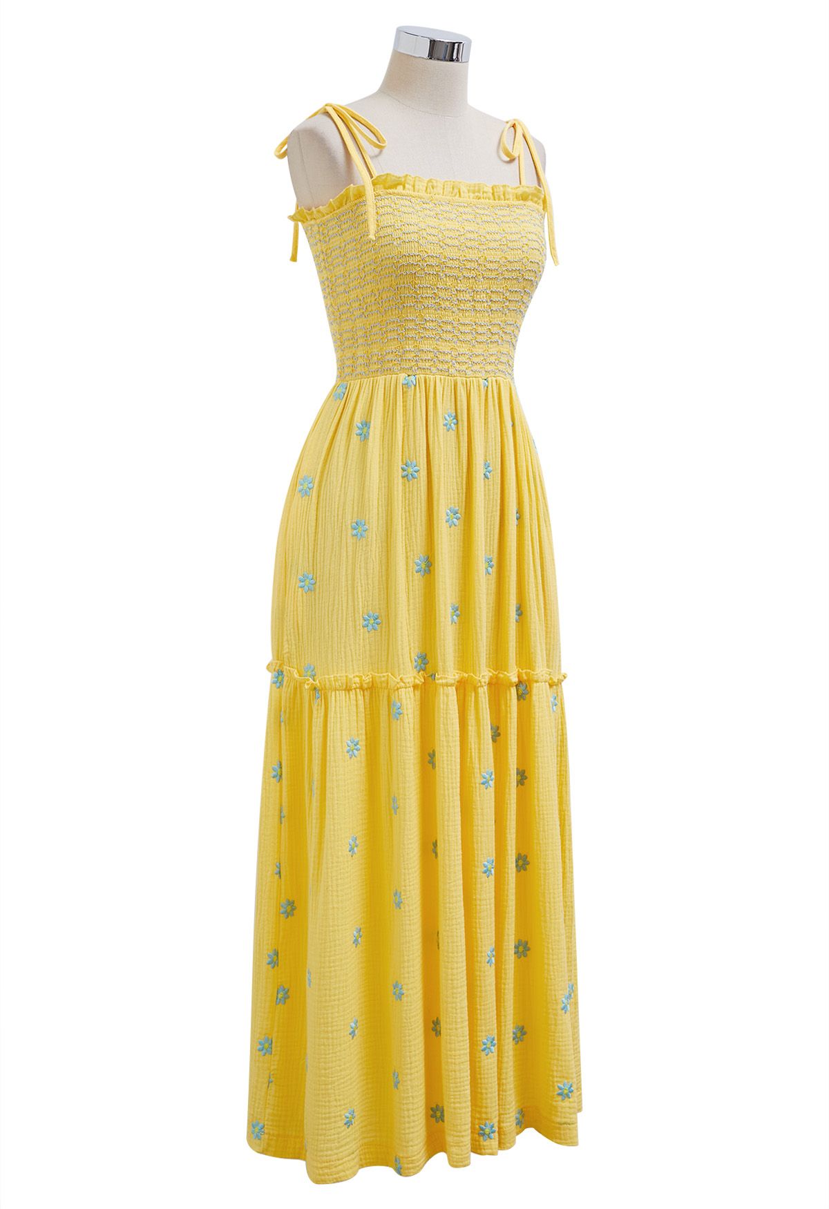 Floret Embroidery Tie-Shoulder Shirred Dress in Yellow