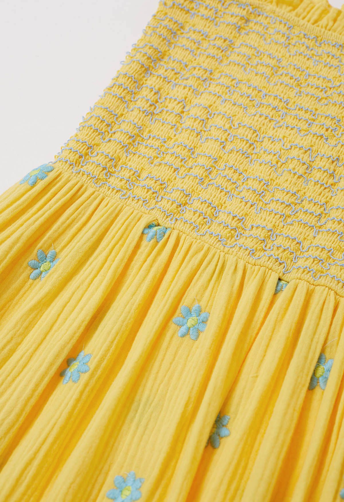 Floret Embroidery Tie-Shoulder Shirred Dress in Yellow