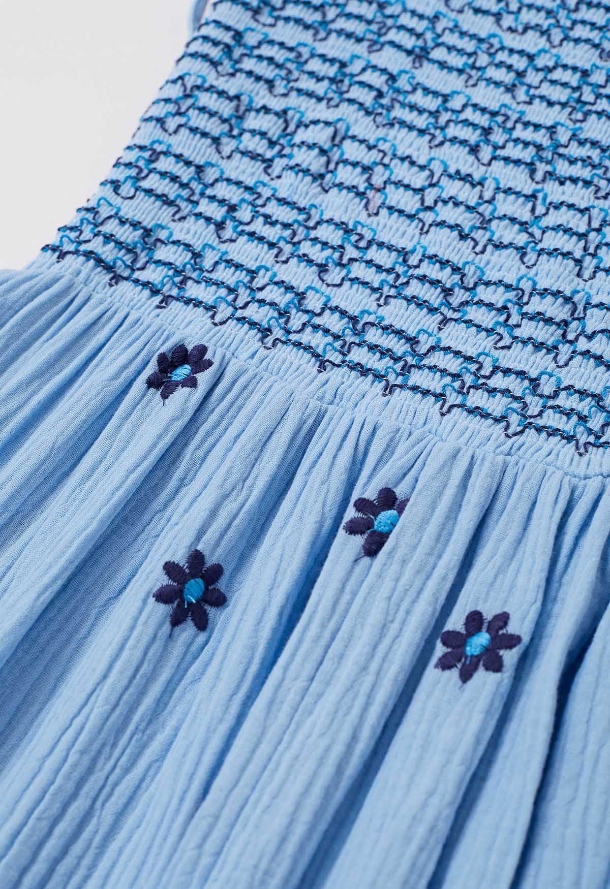 Floret Embroidery Tie-Shoulder Shirred Dress in Blue