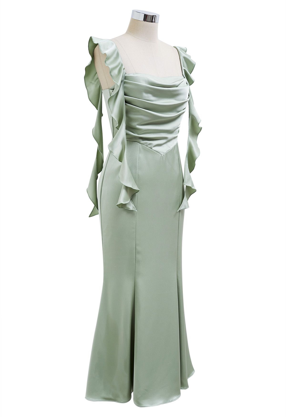 Cascading Ruffle Trim Ruched Satin Dress in Mint