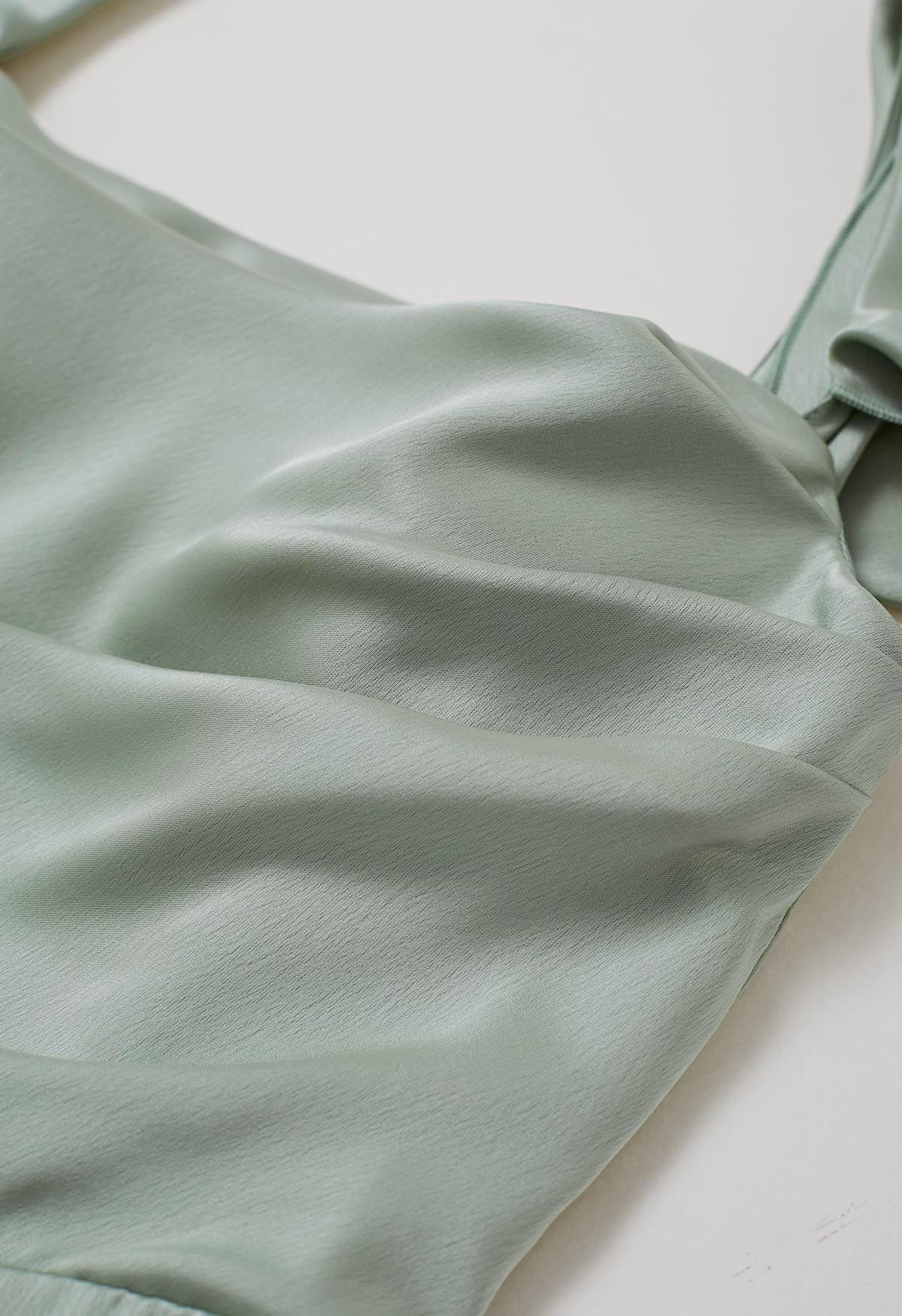 Cascading Ruffle Trim Ruched Satin Dress in Mint