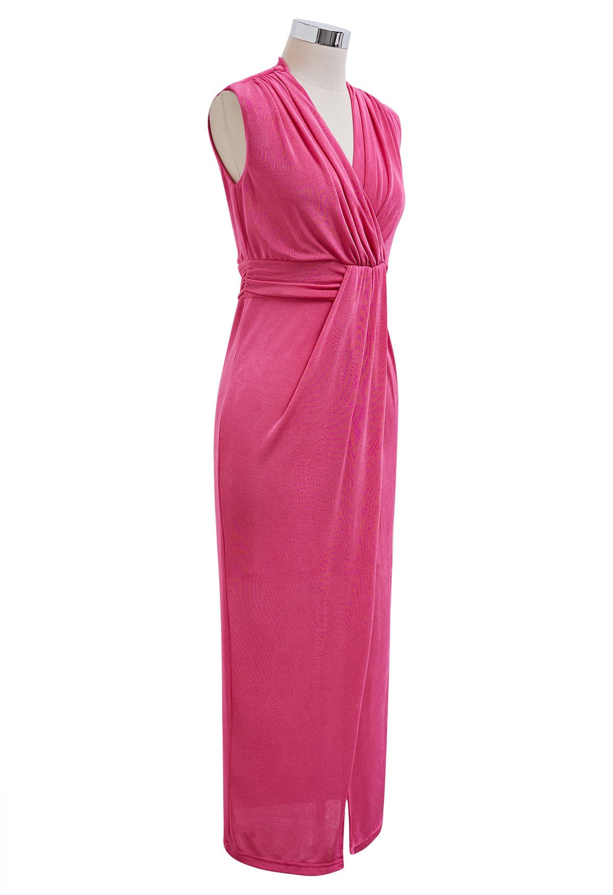 Cinched Waist Faux-Wrap Sheath Dress in Hot Pink