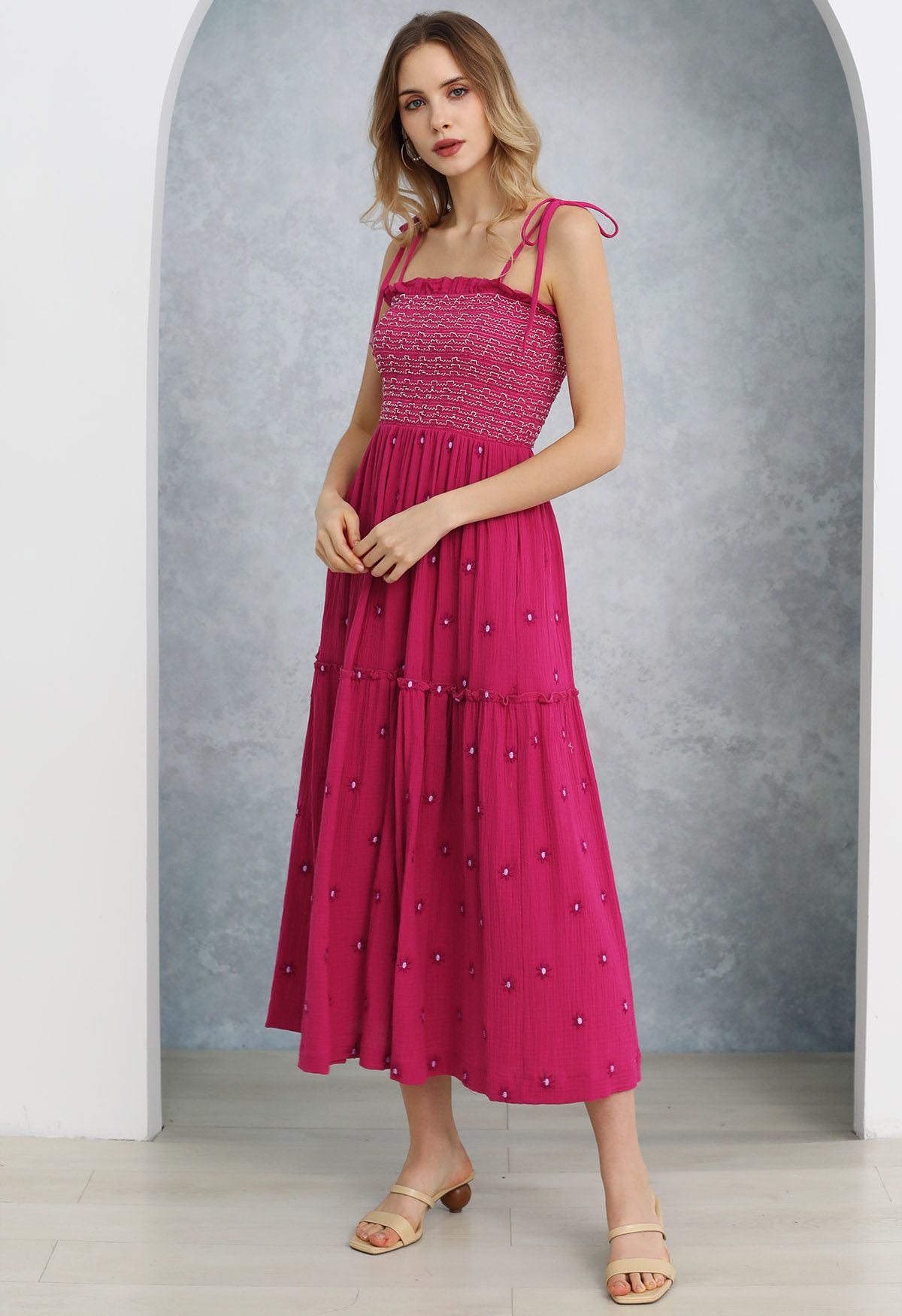 Floret Embroidery Tie-Shoulder Shirred Dress in Hot Pink