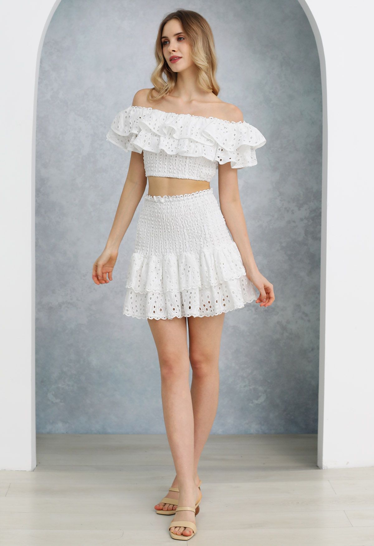 Ruffled Off-Shoulder Shirred Crop Top and Mini Skirt Set in White