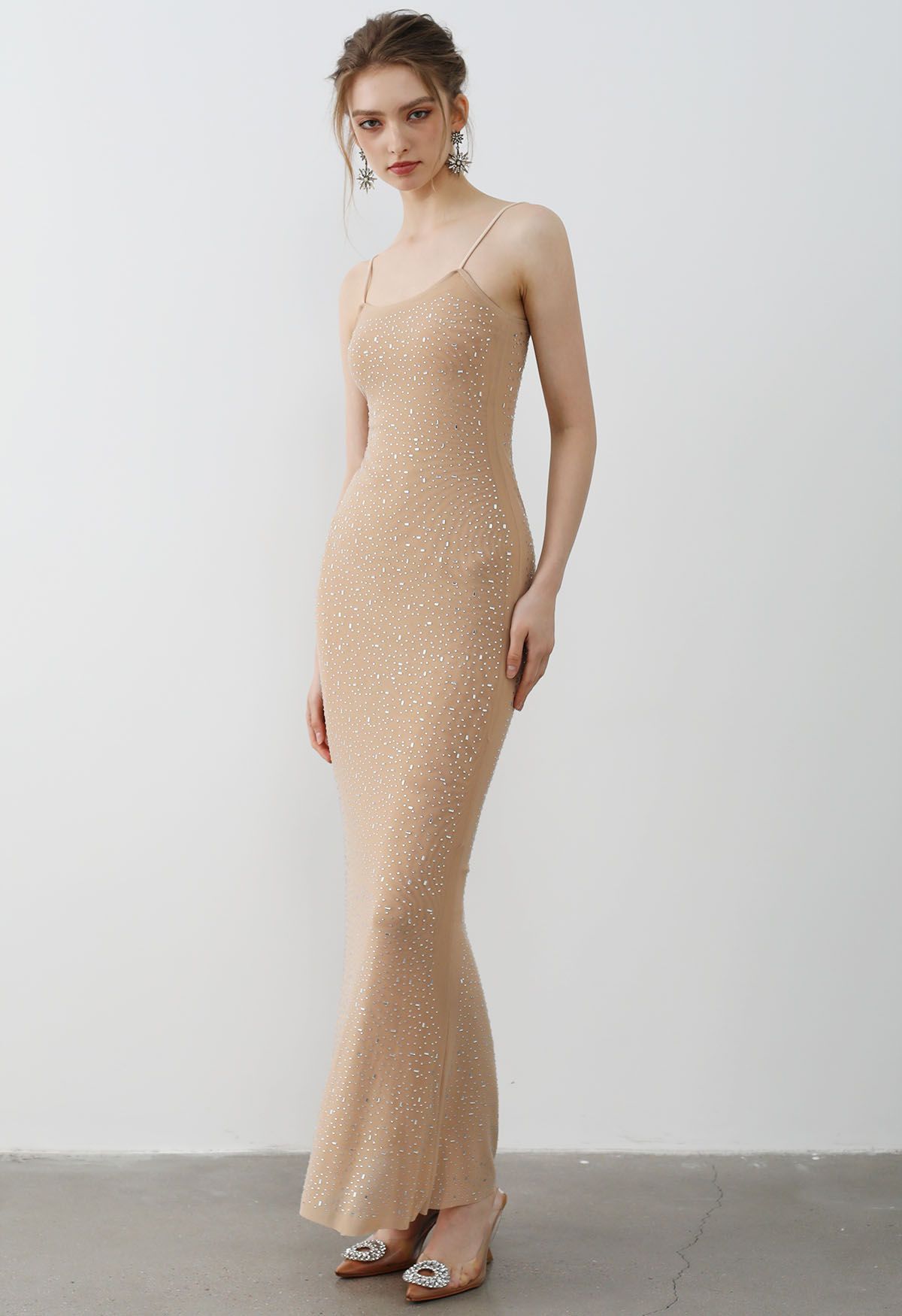 Rhinestone Embellished Bodycon Mesh Maxi Dress in Tan