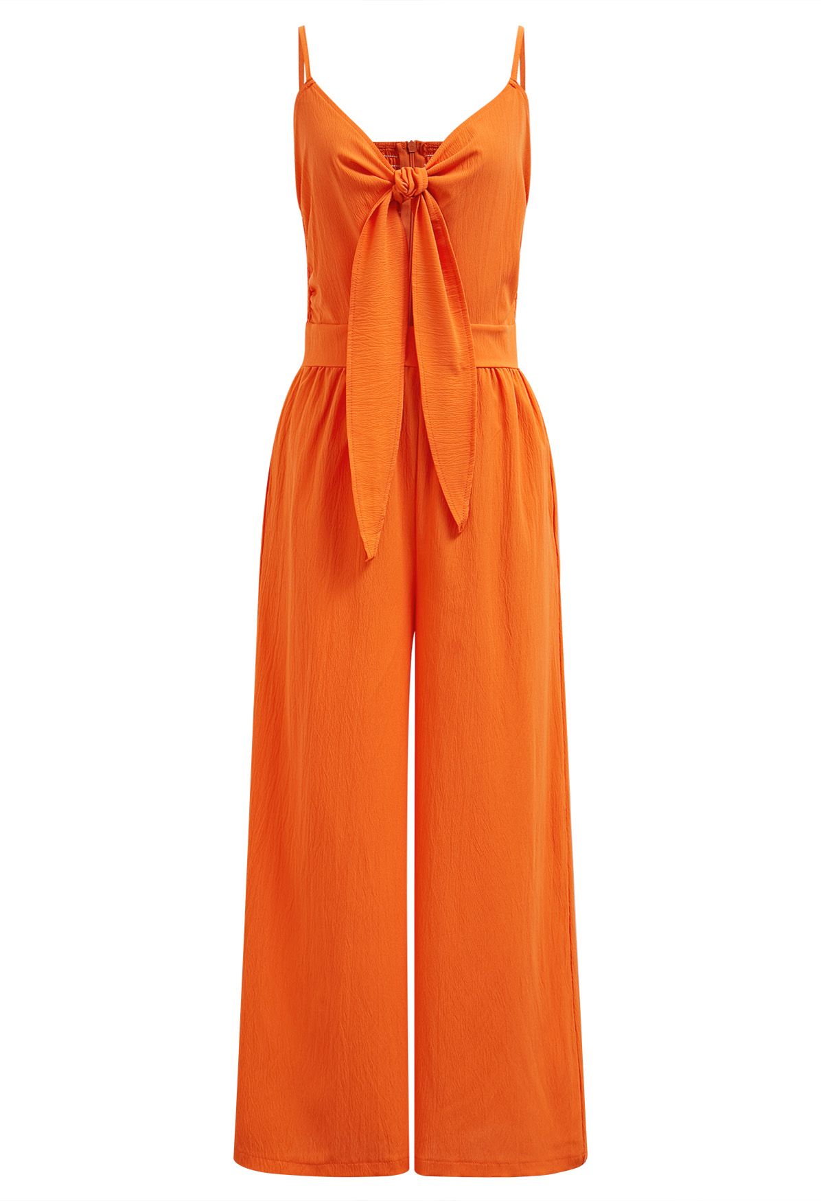 Front Tie Knot Side Pockets Jumpsuit in Orange