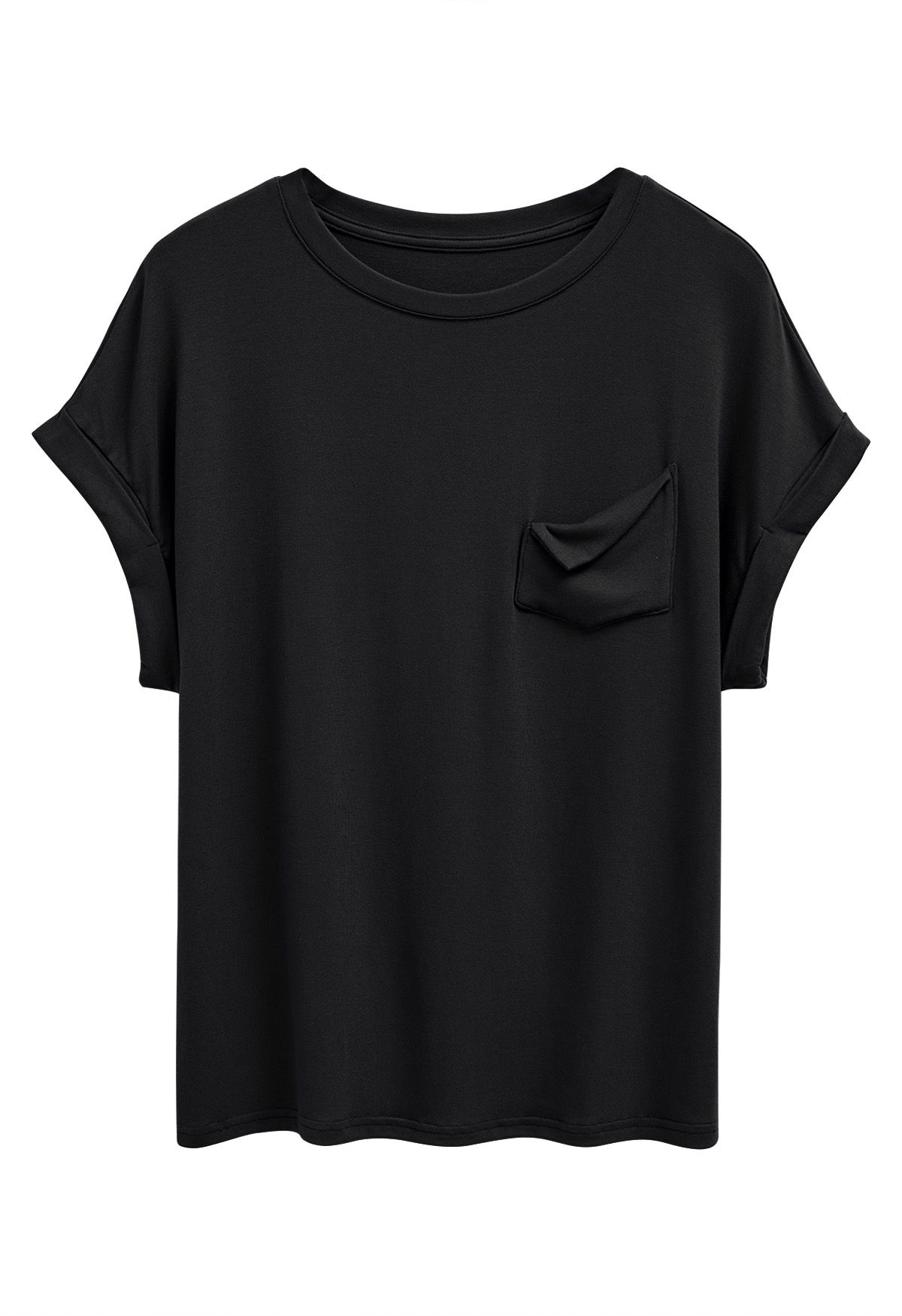 Pocket Trim Rolled Cuff T-Shirt in Black