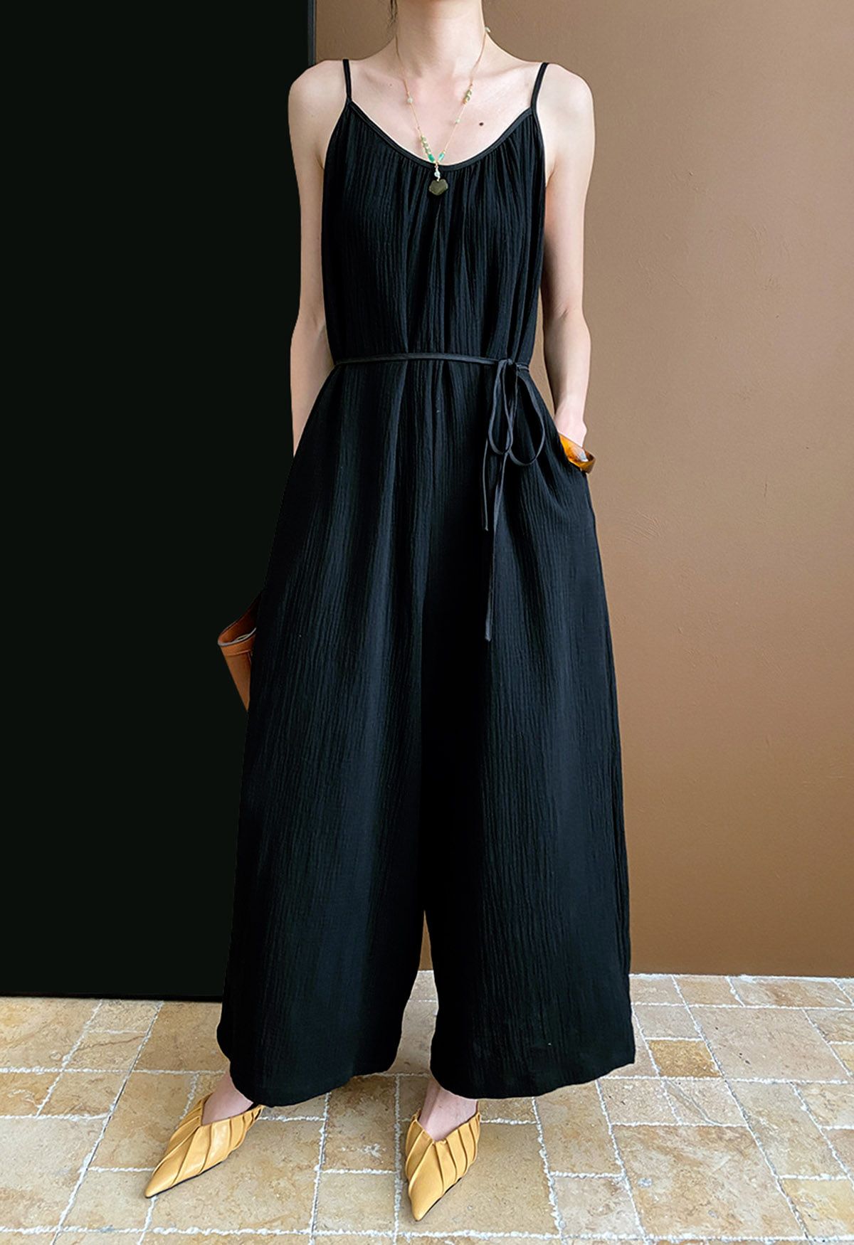 Textured Glam Wide-Leg Cami Jumpsuit