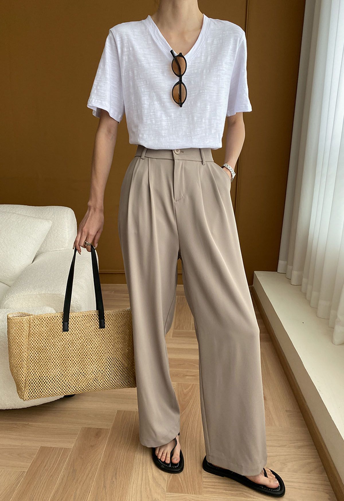 High-Waist Straight-Leg Pants in Khaki