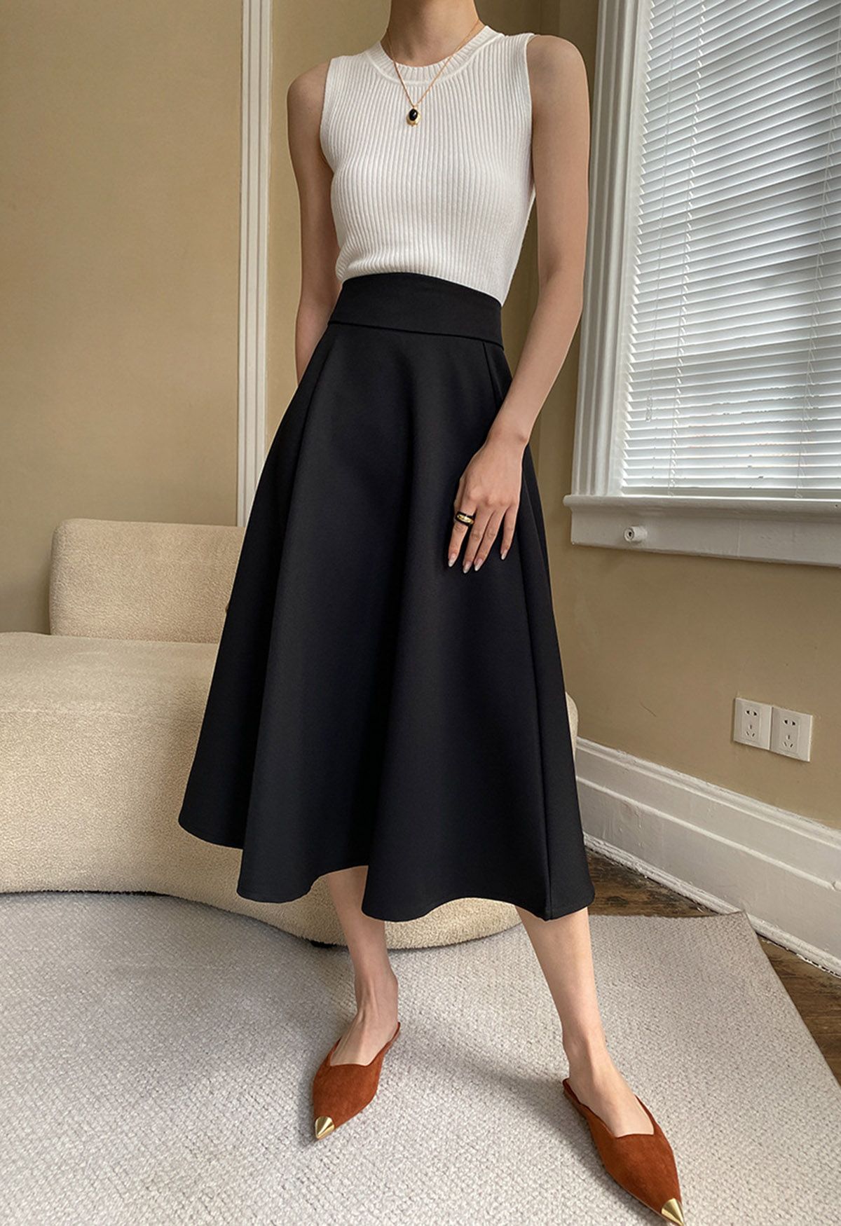 Solid Black High-Waist A-Line Midi Skirt 