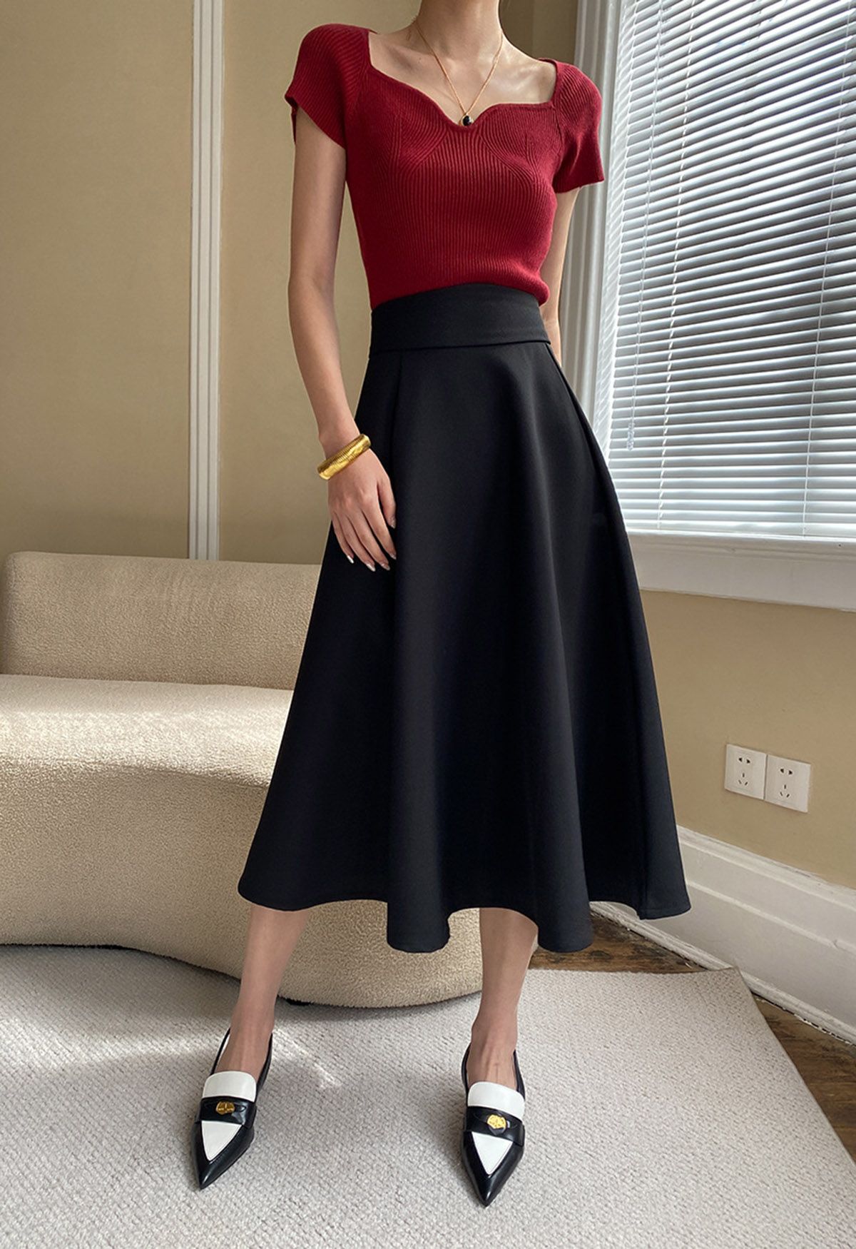 Solid Black High-Waist A-Line Midi Skirt 