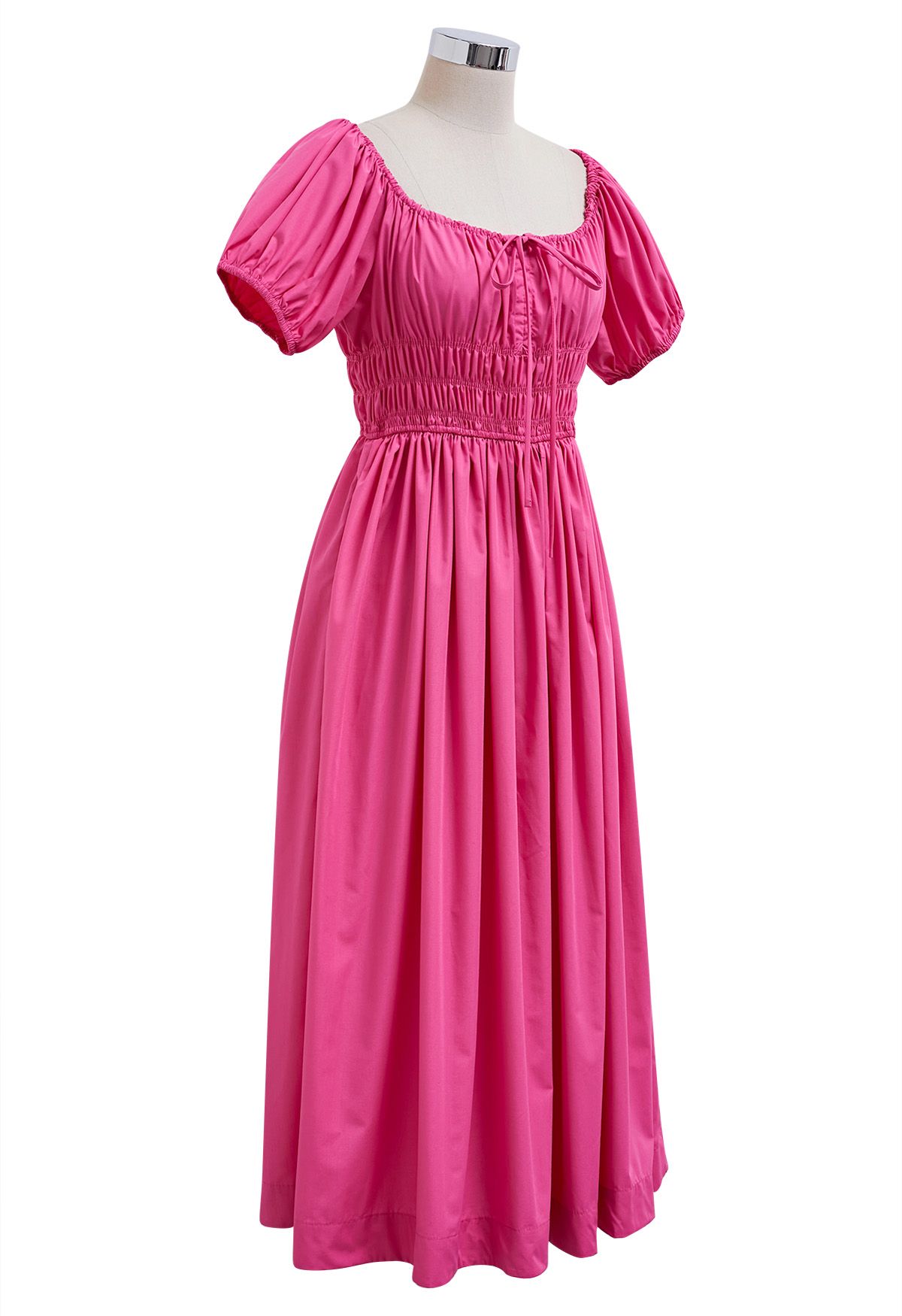 Square Neck Bubble Sleeve Shirred Midi Dress in Hot Pink