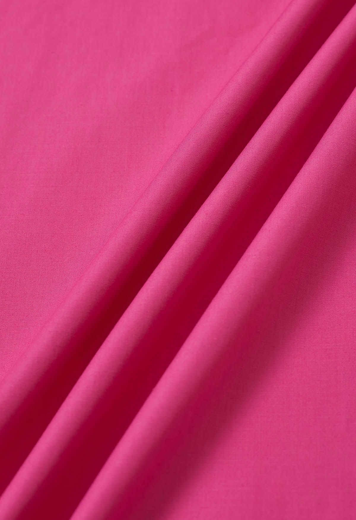 Square Neck Bubble Sleeve Shirred Midi Dress in Hot Pink