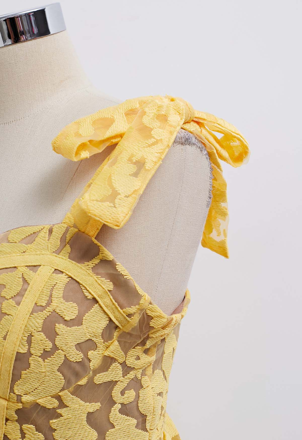 Yellow Embroidered Floral Organza Cami Dress