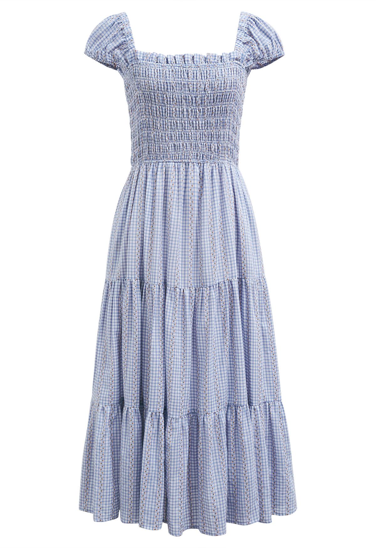 Gingham Charm Floret Square Neck Midi Dress in Blue