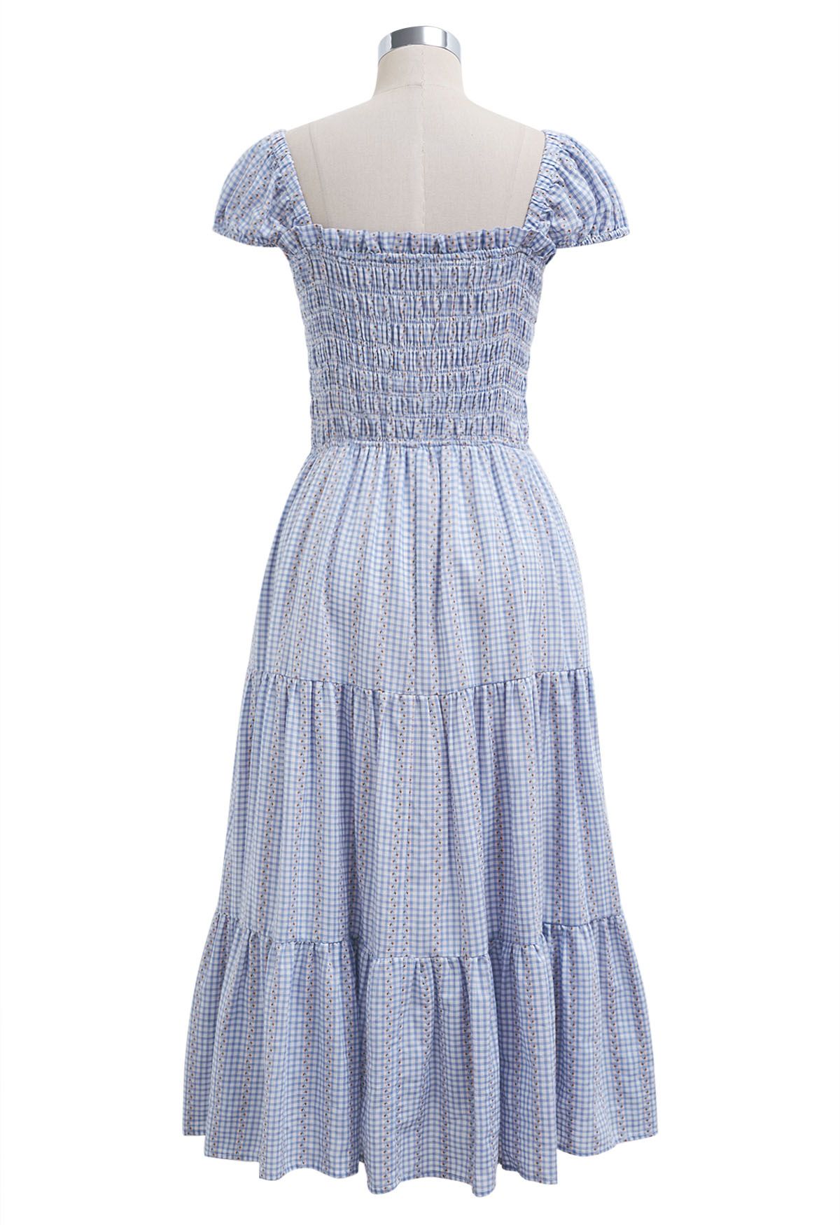 Gingham Charm Floret Square Neck Midi Dress in Blue