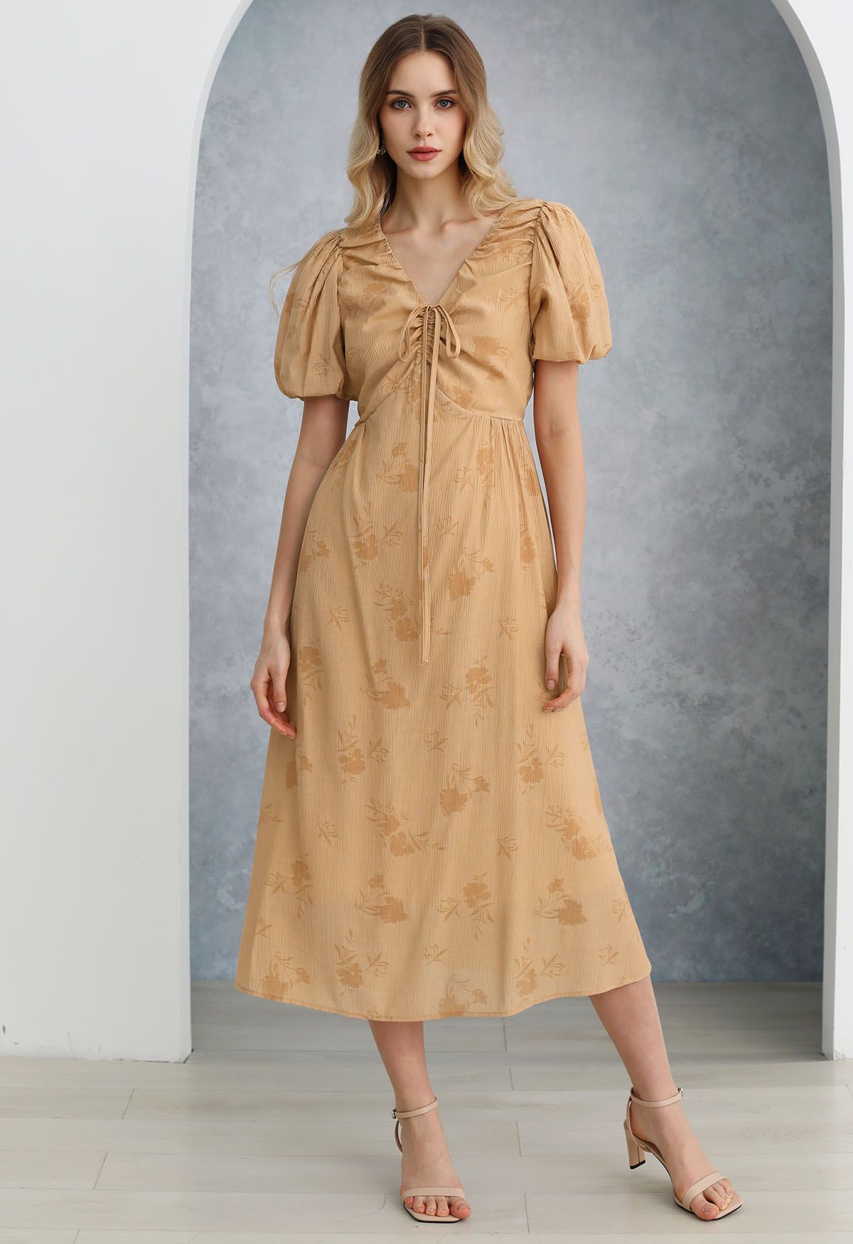 Subtle Floral Texture Drawstring V-Neck Midi Dress in Tan