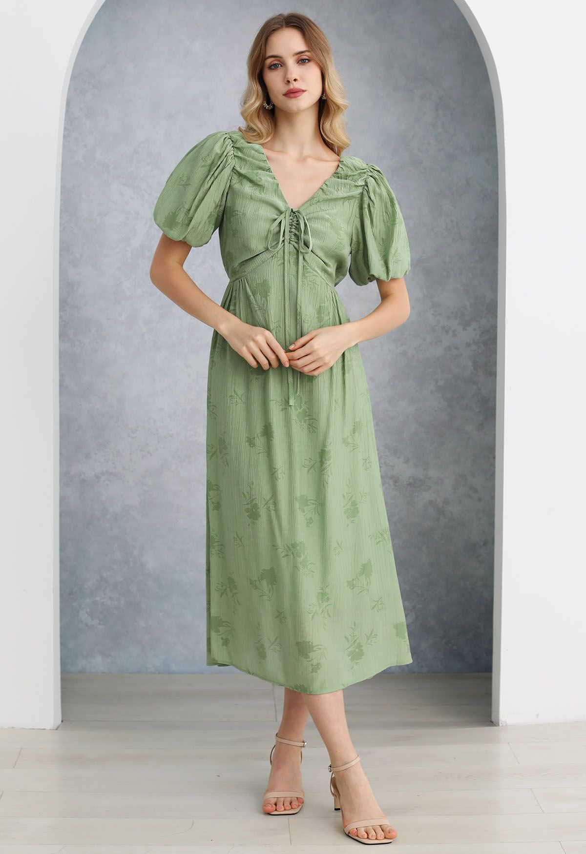 Subtle Floral Texture Drawstring V-Neck Midi Dress in Green