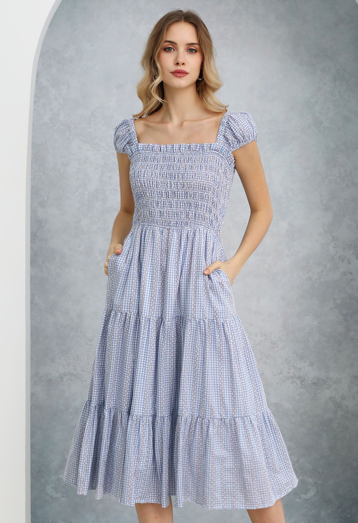 Gingham Charm Floret Square Neck Midi Dress in Blue