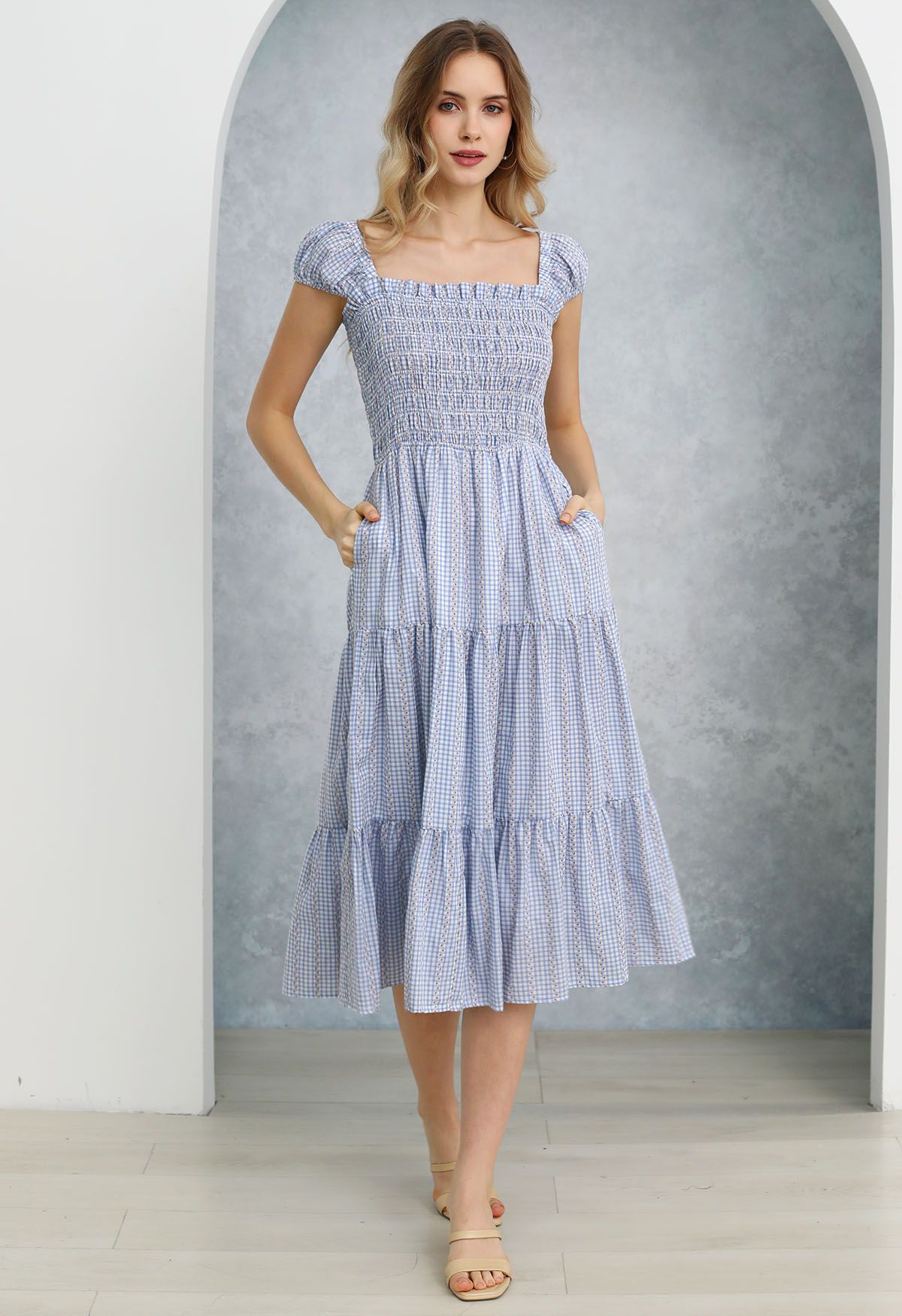 Gingham Charm Floret Square Neck Midi Dress in Blue