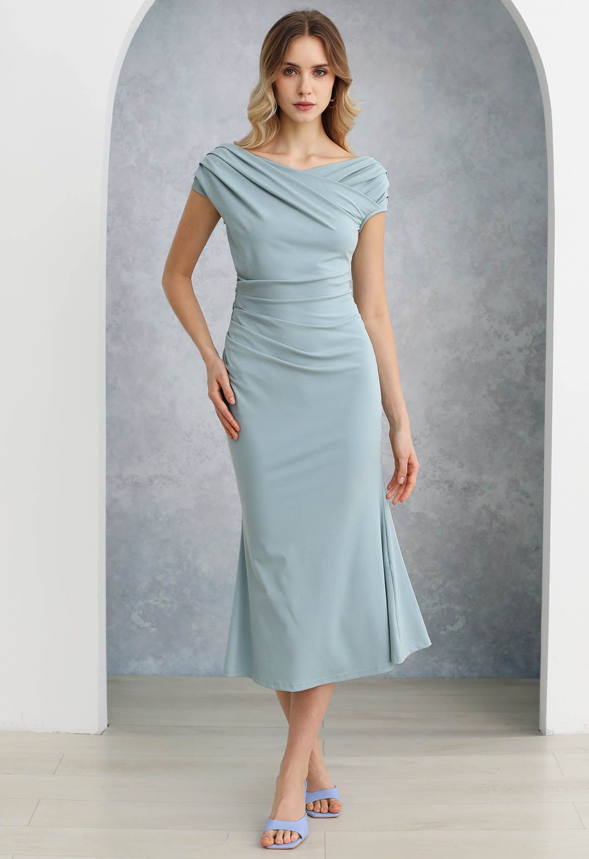 Crisscross Neck Ruched Mermaid Dress in Dusty Blue