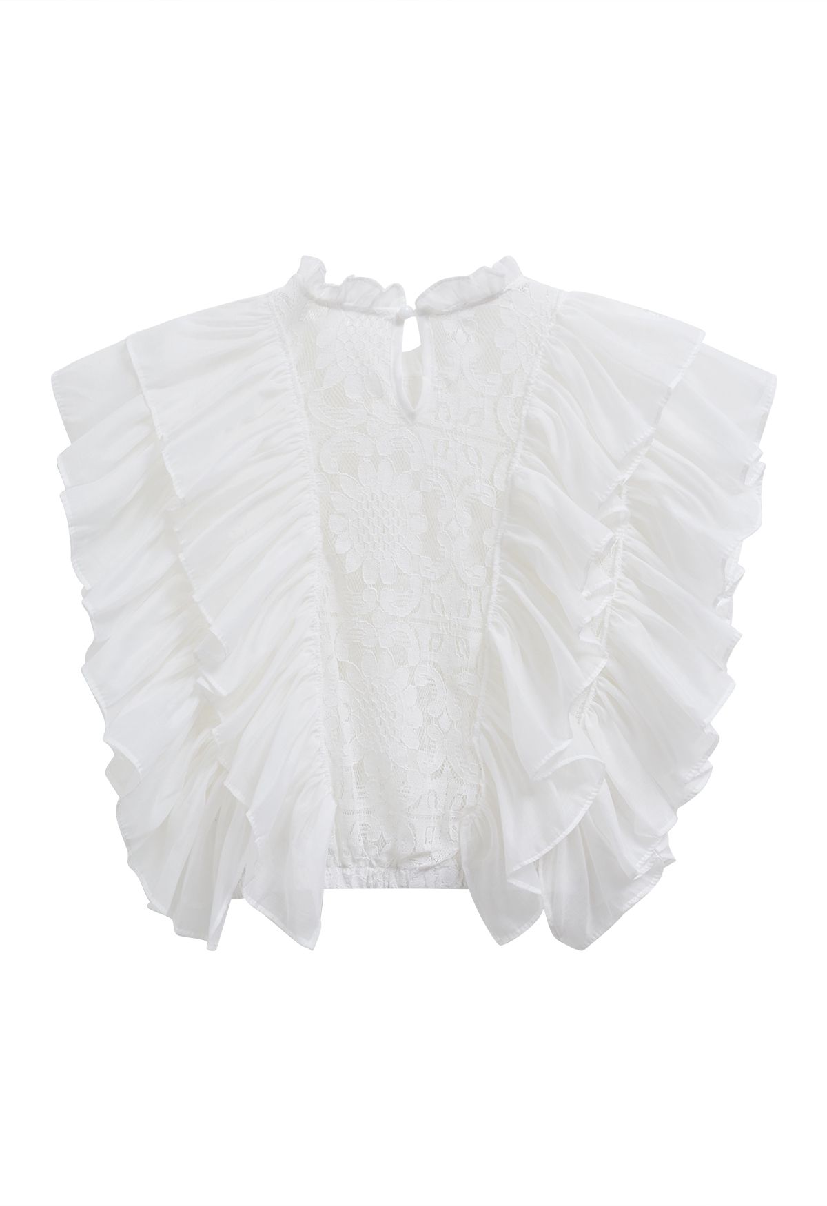 Tiered Ruffle Sleeveless Lace Crop Top in White