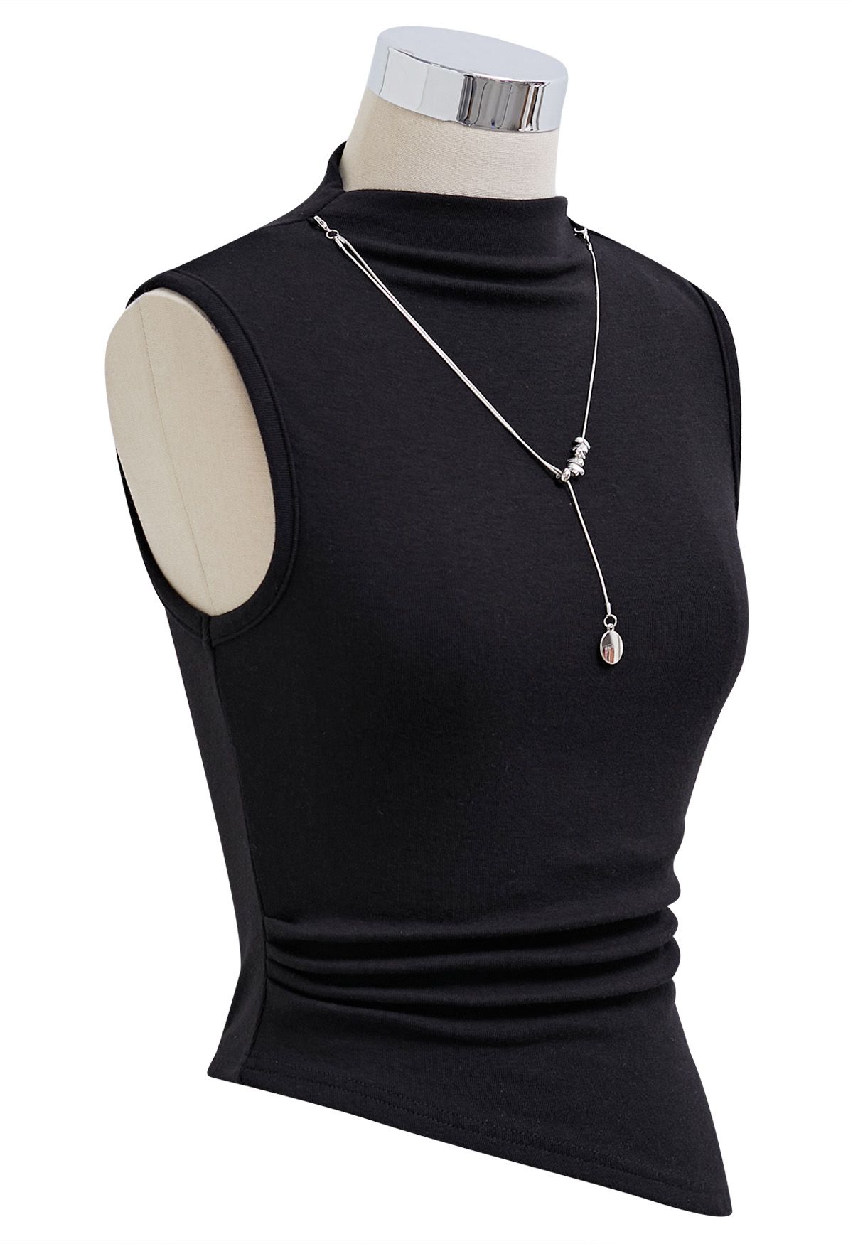 Detachable Necklace Adorned Asymmetric Sleeveless Top in Black