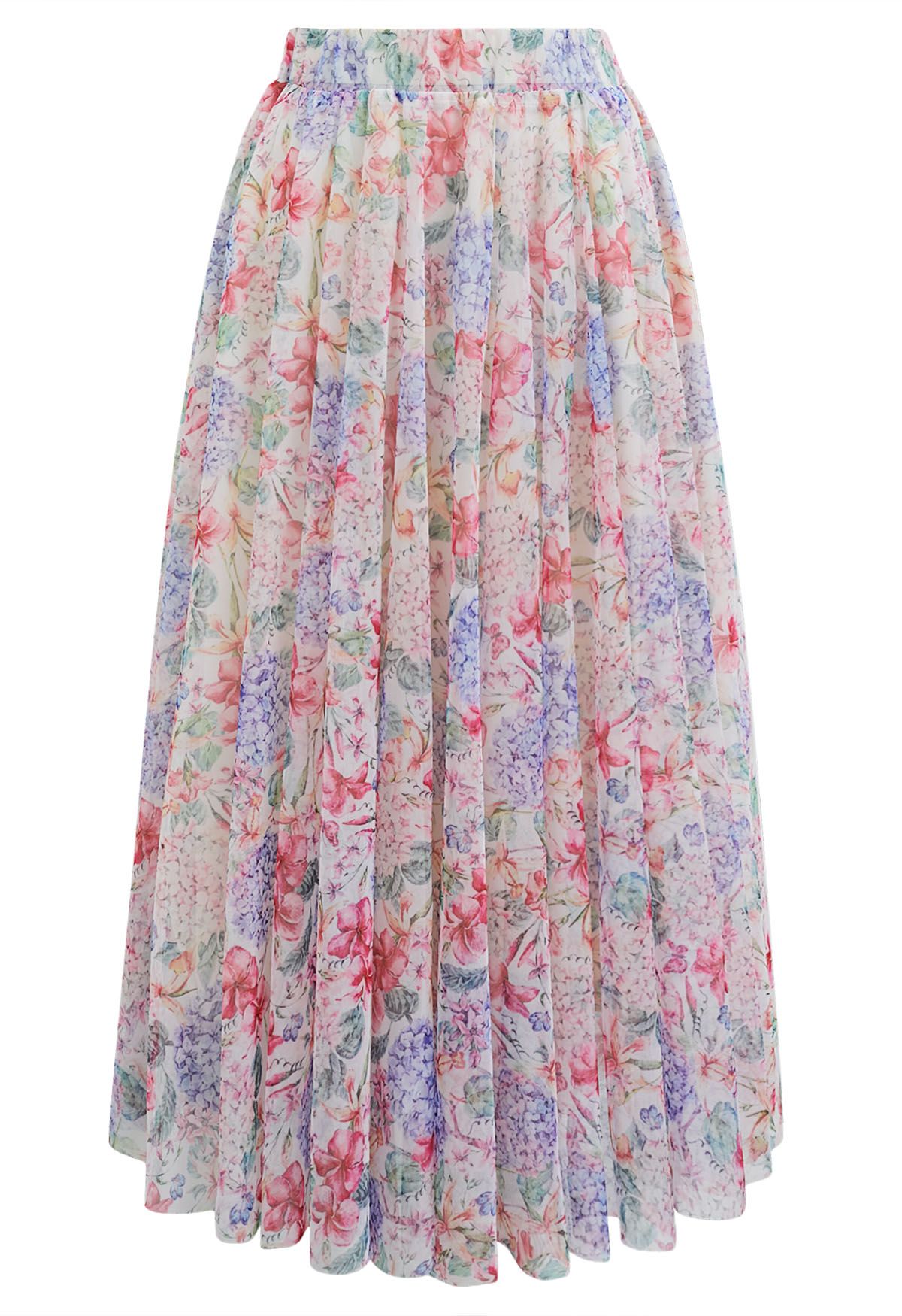 Hydrangea Printed Mesh Tulle Midi Skirt