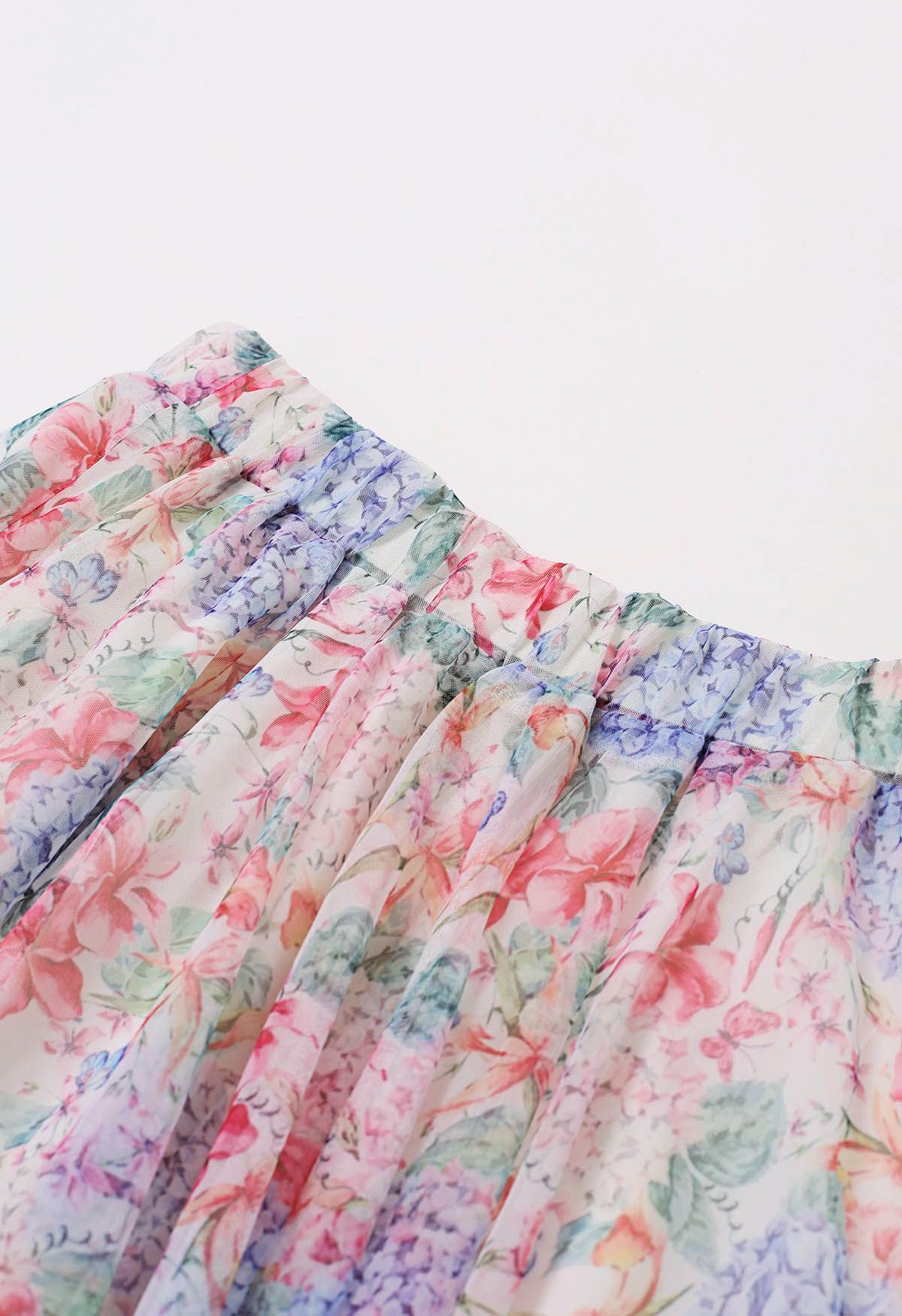 Hydrangea Printed Mesh Tulle Midi Skirt