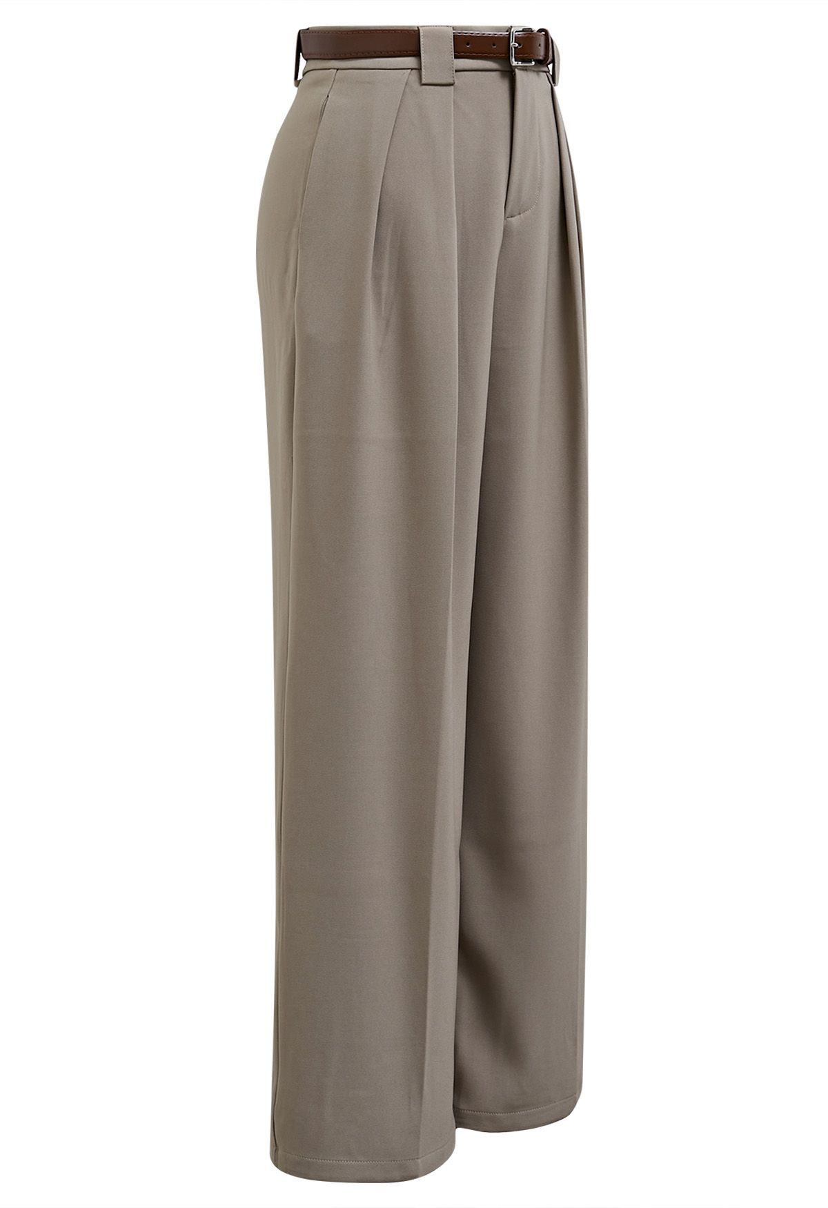 Faux Leather Belt Straight-Leg Pants in Sand