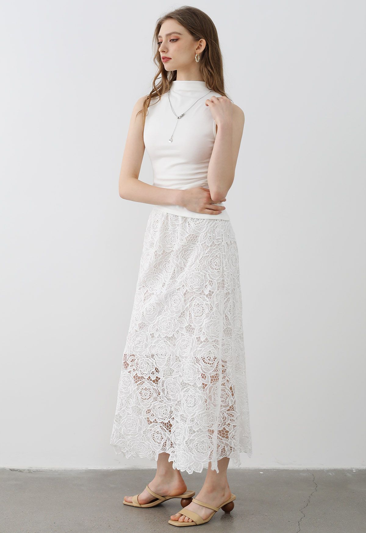 Exquisite Rose Cutwork Lace Maxi Skirt in White