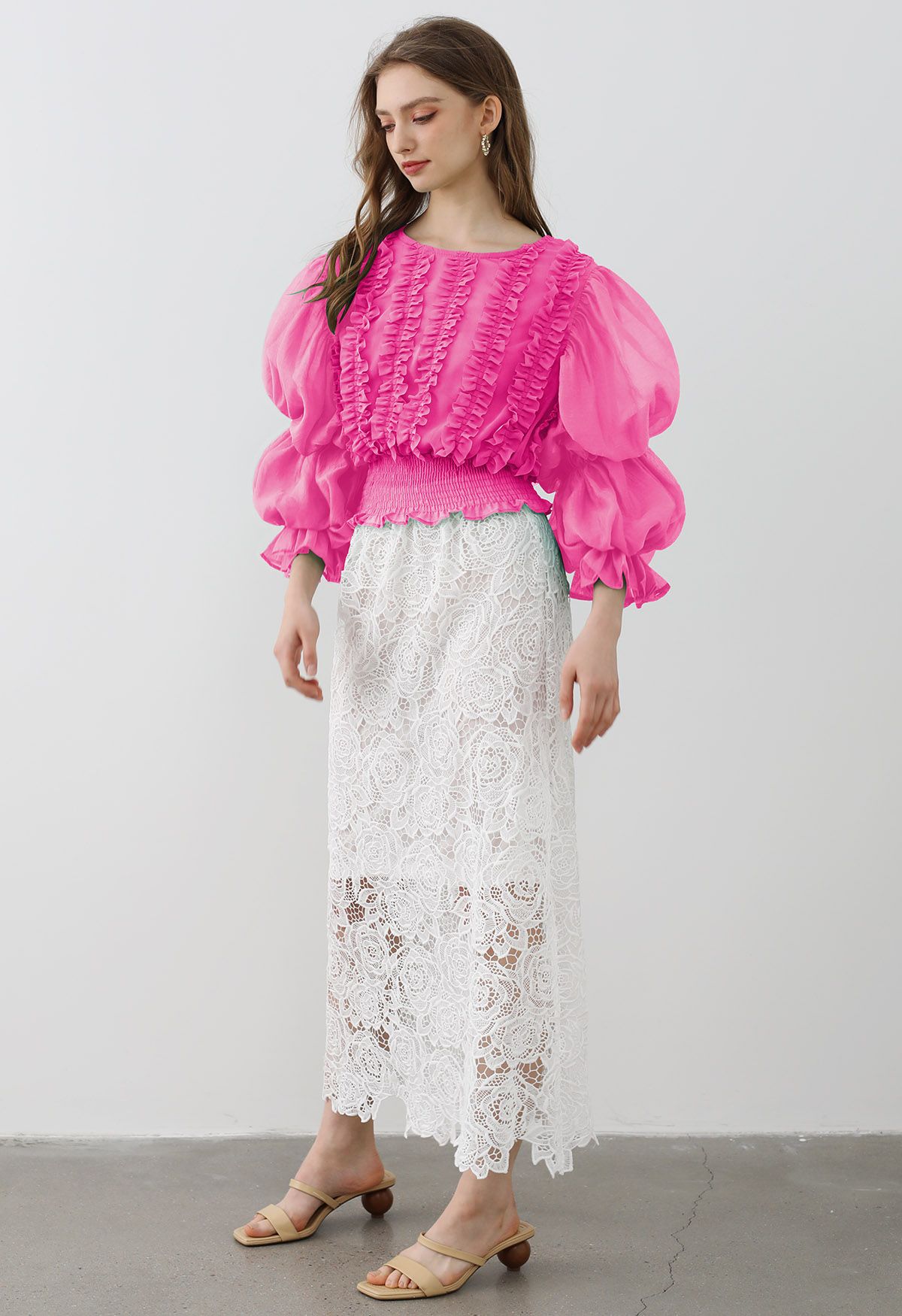 Bubble Sleeve Ruffle Trim Chiffon Spliced Crop Top in Magenta