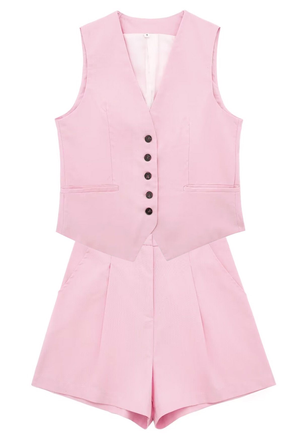 V-Neck Buttoned Down Linen-Blend Vest in Pink