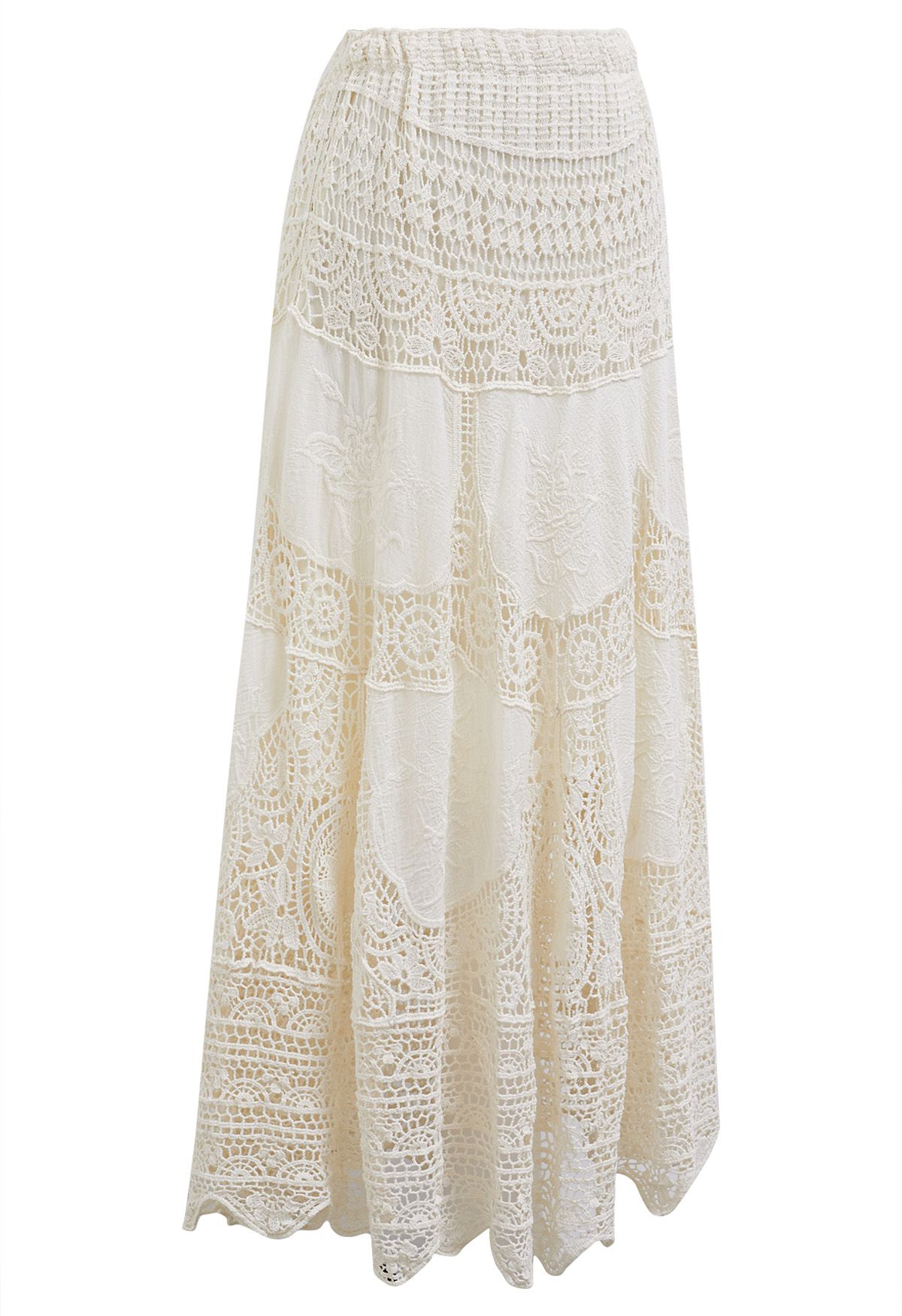 Embroidered Floral Cutwork Crochet Maxi Skirt in Cream