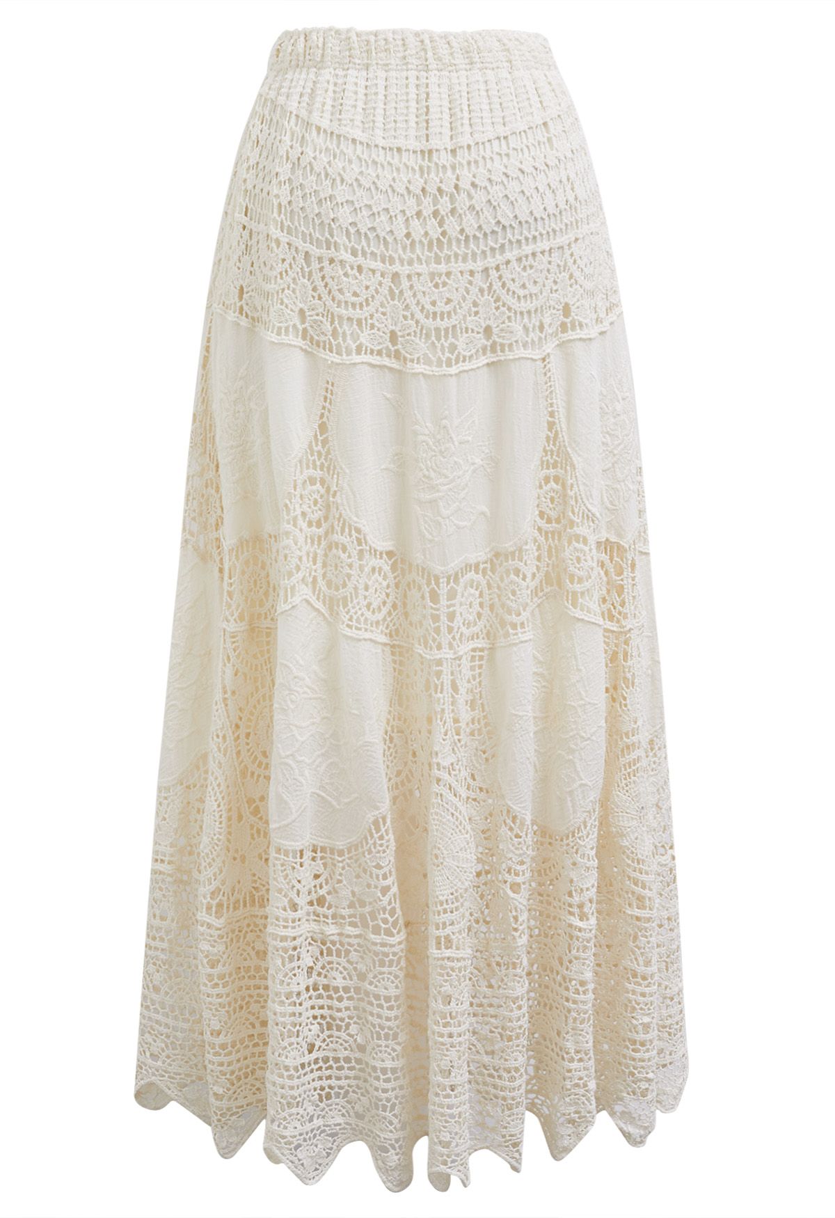 Embroidered Floral Cutwork Crochet Maxi Skirt in Cream