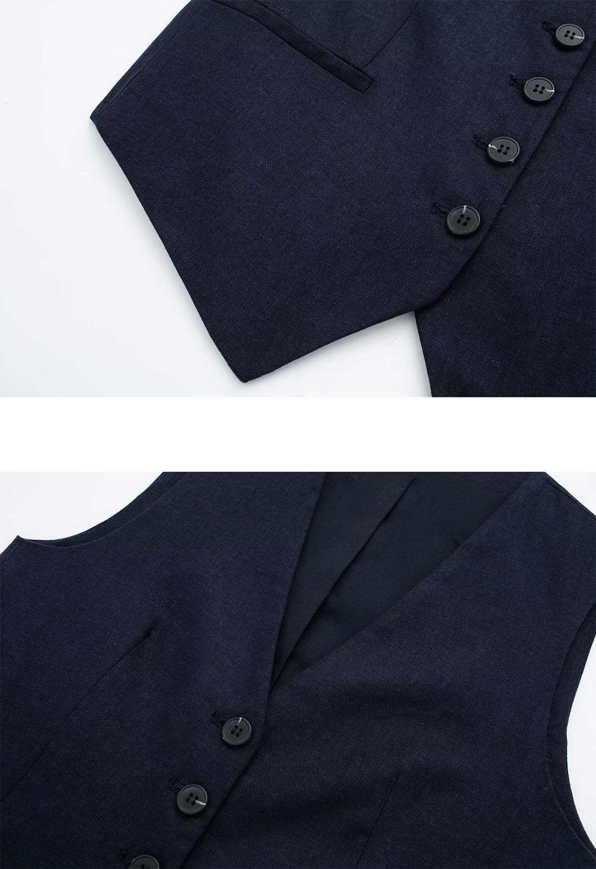 V-Neck Buttoned Down Linen-Blend Vest in Navy