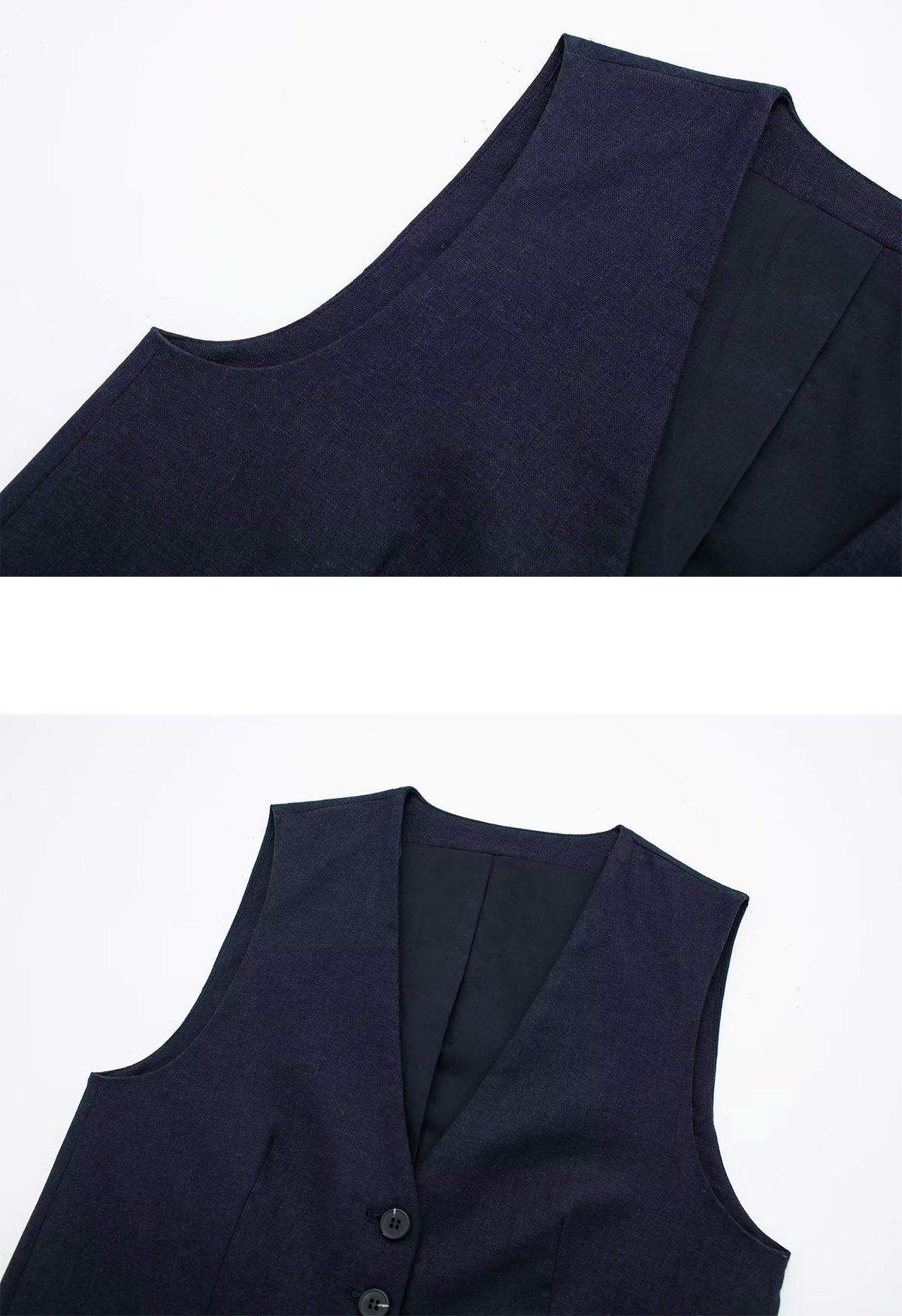 V-Neck Buttoned Down Linen-Blend Vest in Navy