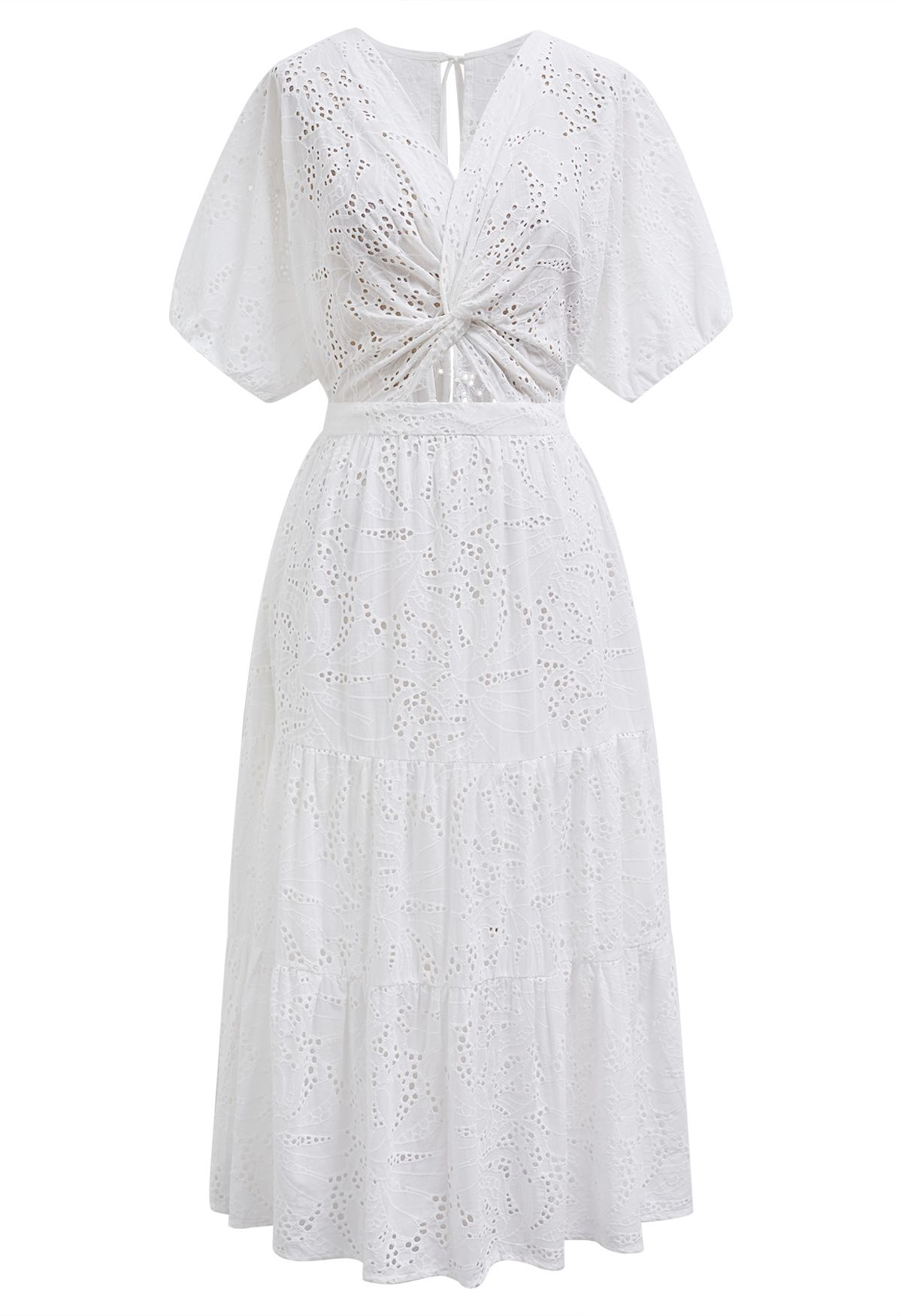 V-Neck Twist Front Eyelet Embroidery Midi Dress