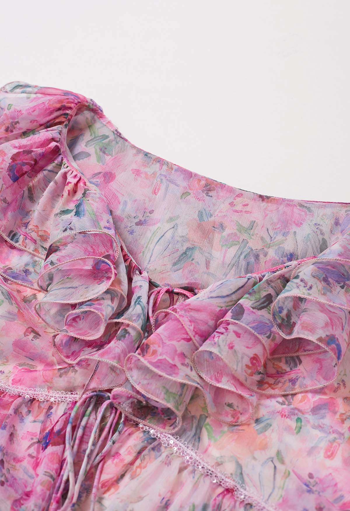 Watercolor Floral Ruffle Bell Sleeve Sheer Top in Pink