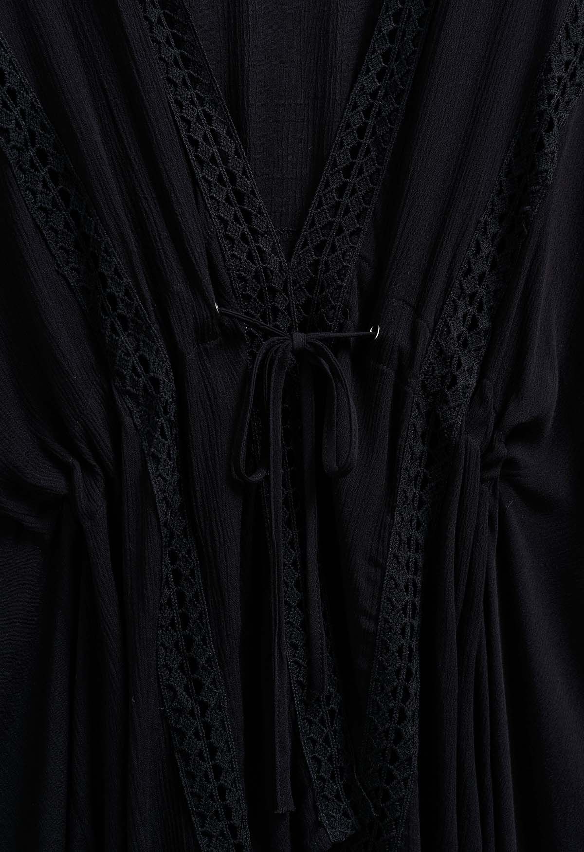 Tassel Batwing Sleeve Waist Tie Cover-Up Dress in Black