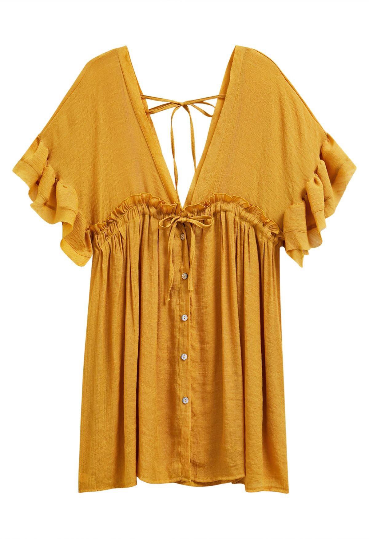 Deep V-Neck Flounce Sleeve Buttoned Cover-Up in Mustard