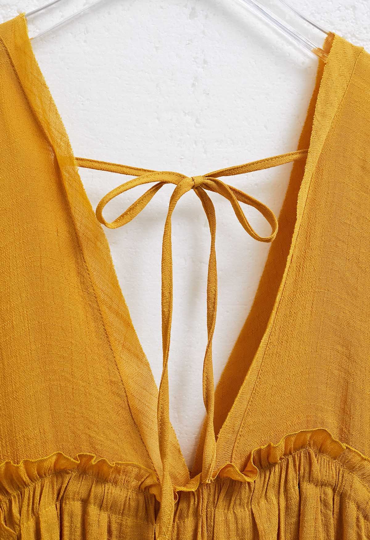 Deep V-Neck Flounce Sleeve Buttoned Cover-Up in Mustard