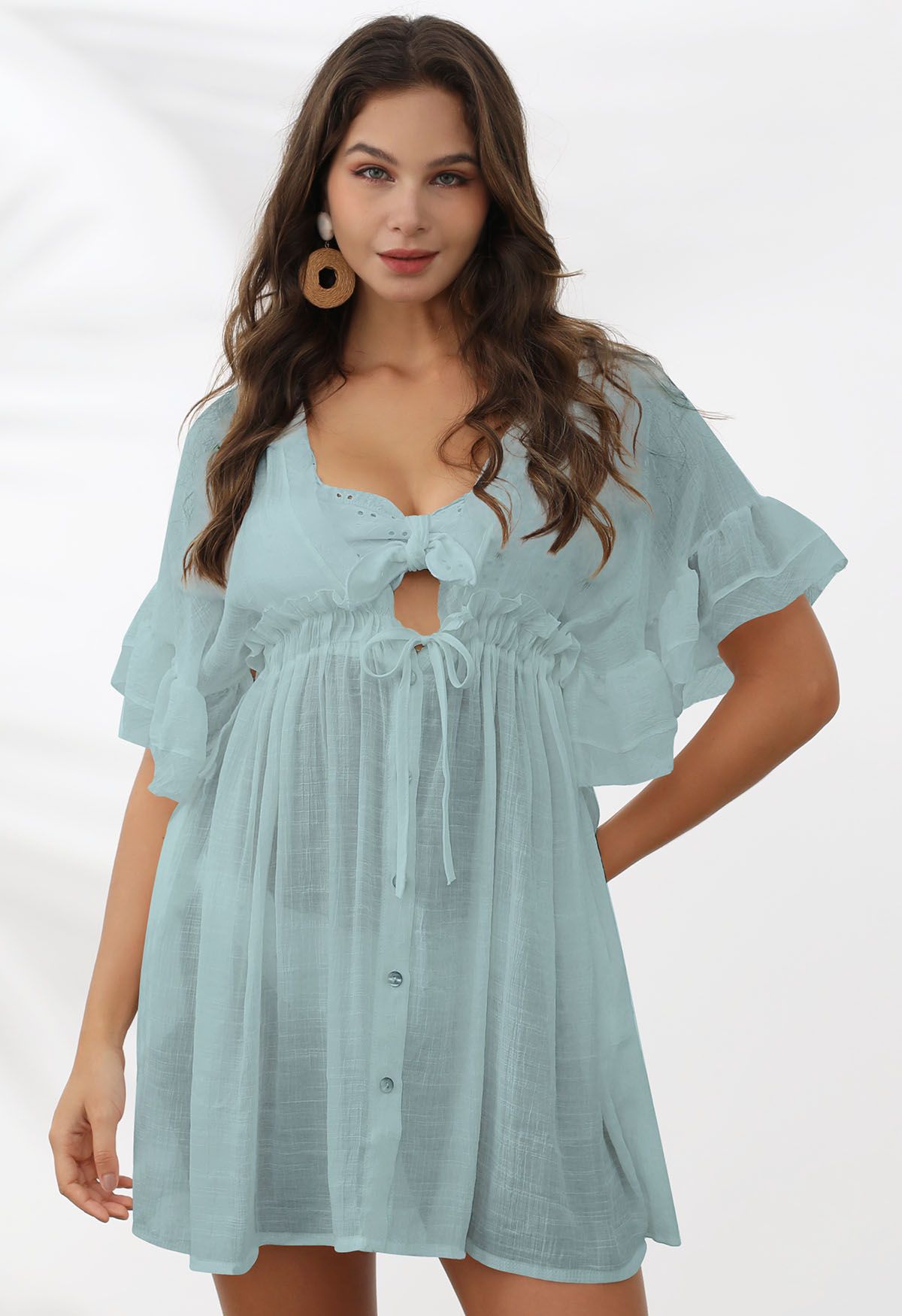 Deep V-Neck Flounce Sleeve Buttoned Cover-Up in Dusty Blue