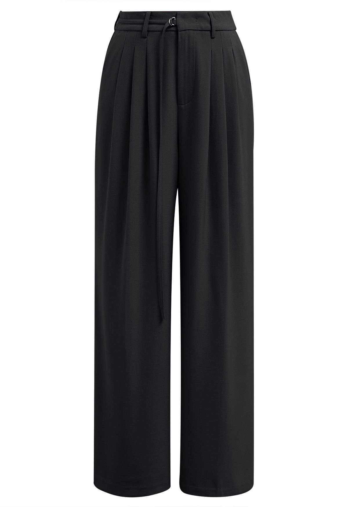 Adjustable Belt Pleated Straight-Leg Pants in Black